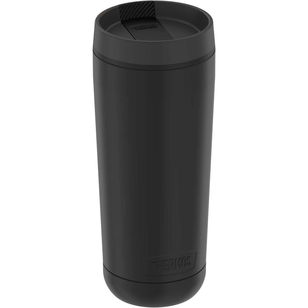 Black thermos mug with a visible brand logo on a white background