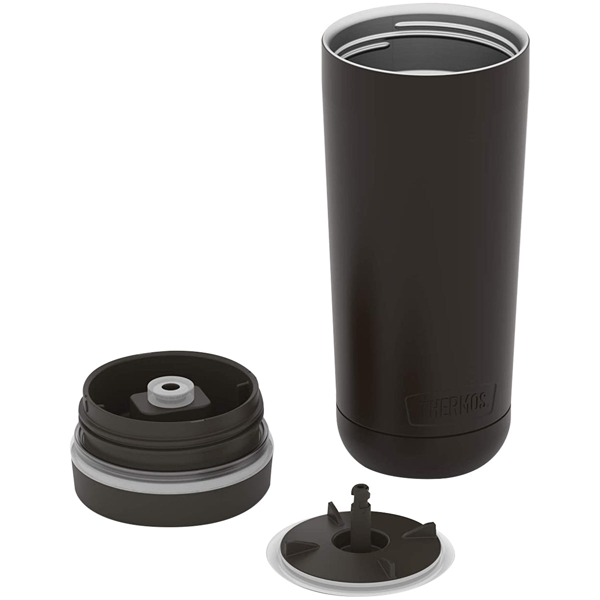 Black travel mug with lid and straw on a white background