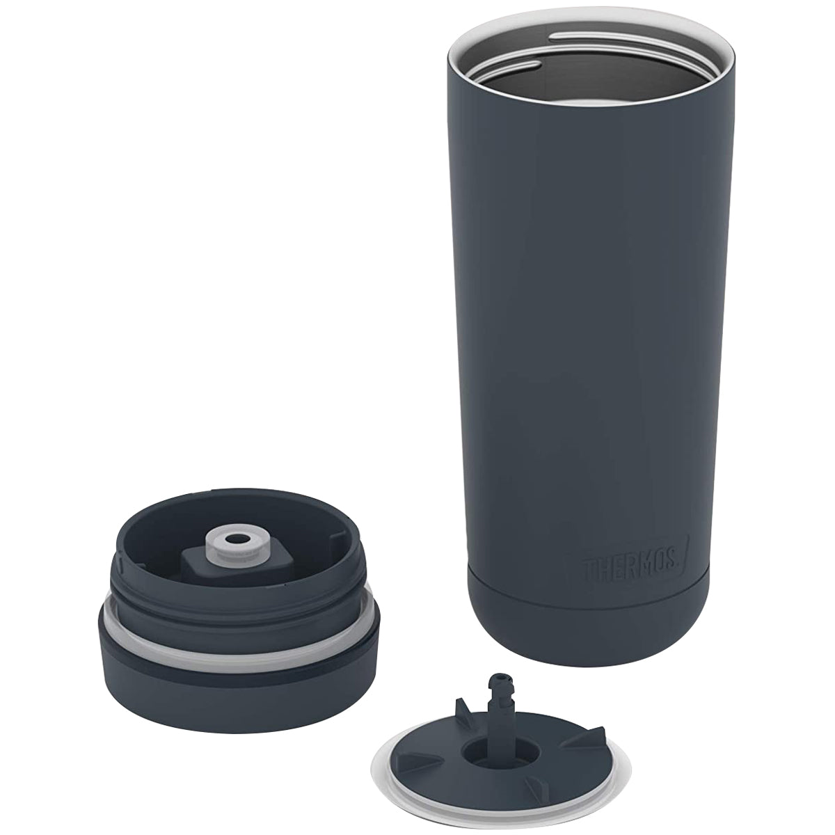 Dark gray insulated tumbler with lid and straw on a white background