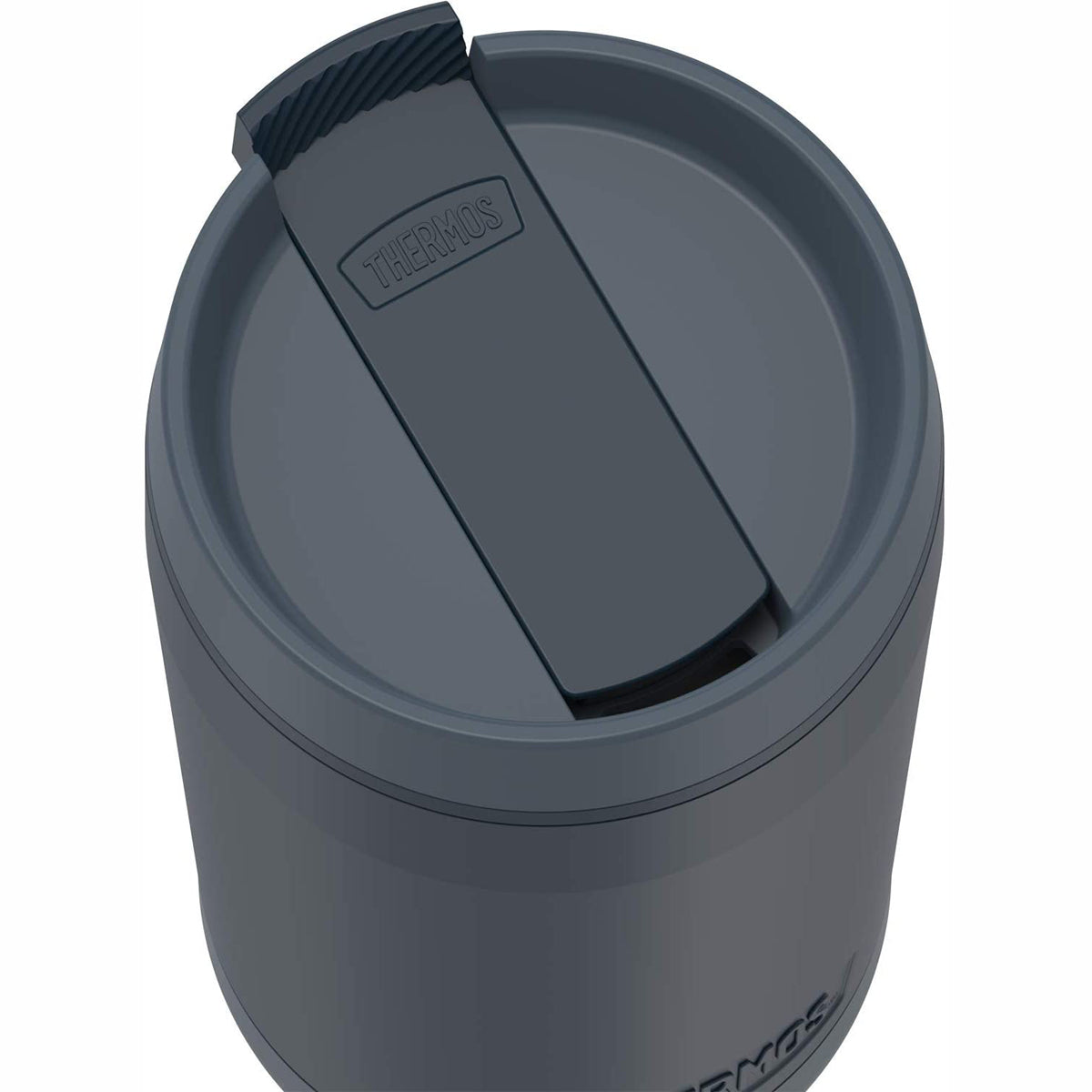 Gray thermos cup with lid on a white background