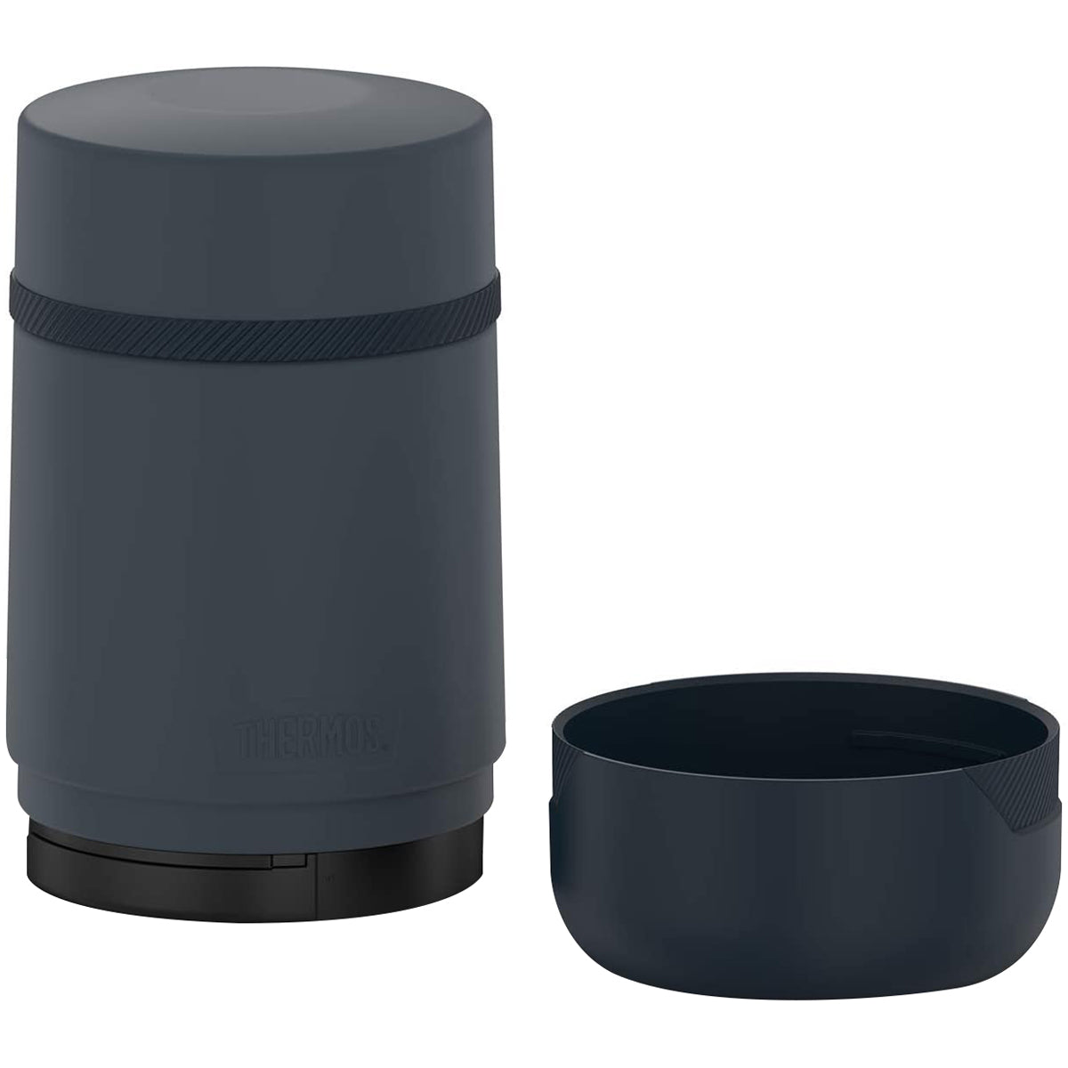 Dark gray thermos jar with a matching bowl on a white background