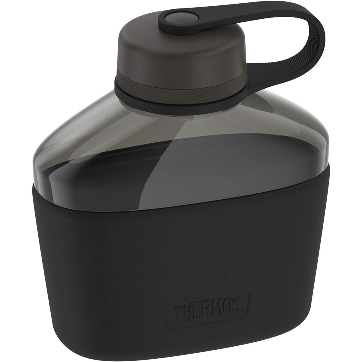 Black thermos bottle with handle on a white background