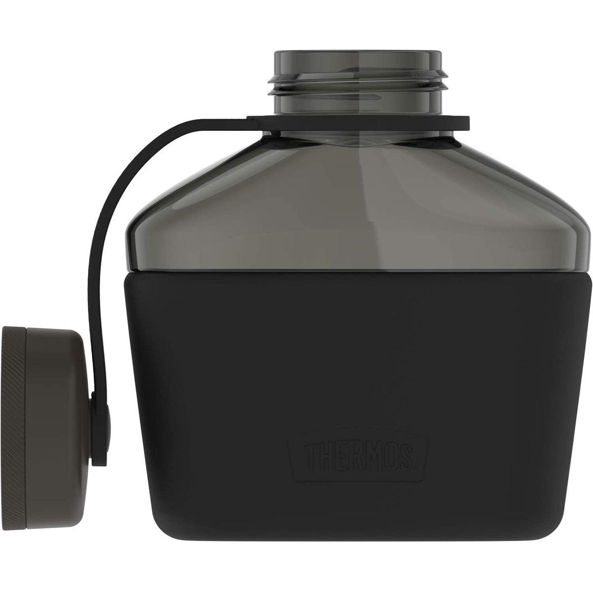 Black water bottle with a black cap on a white background