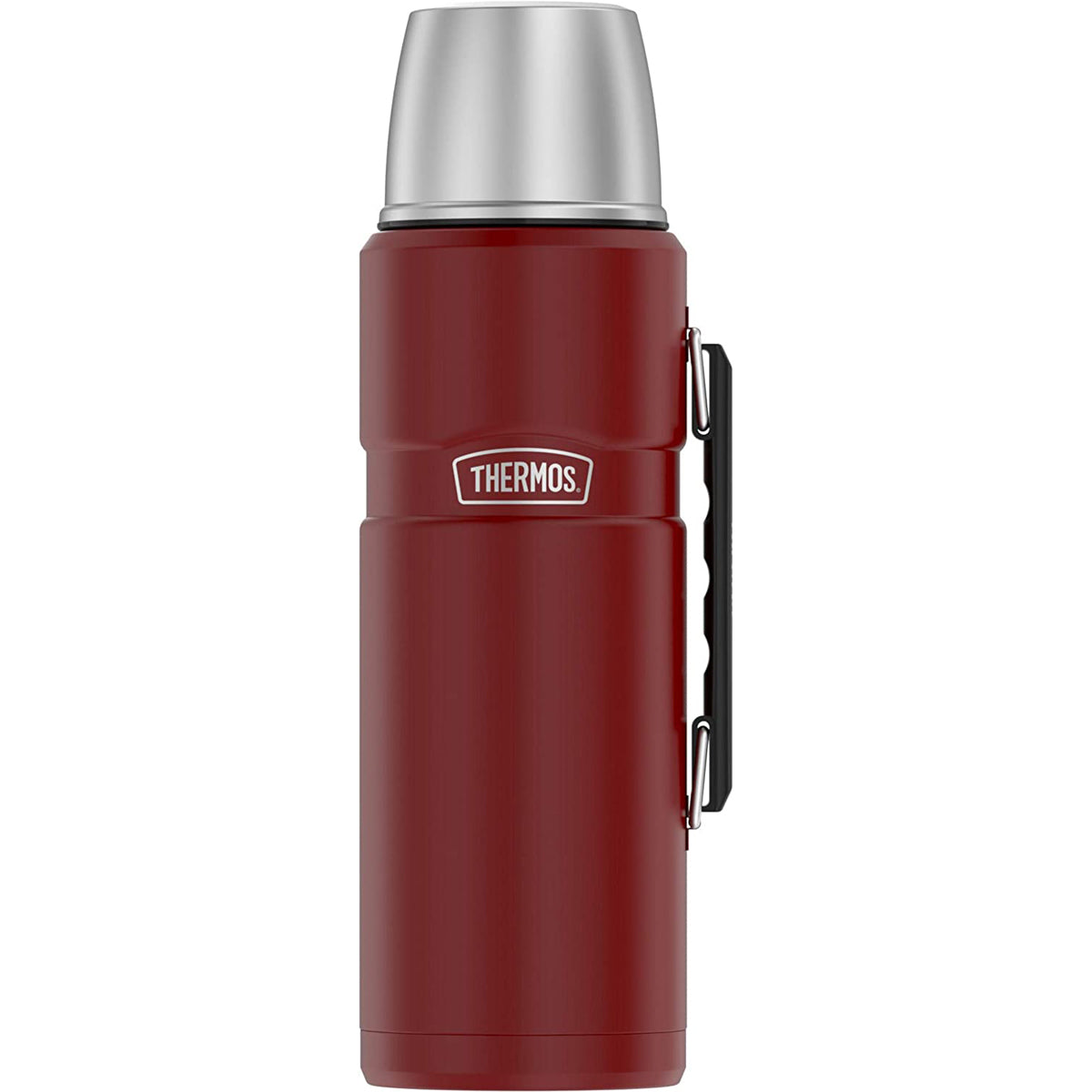 matte red thermos water bottle with lid on