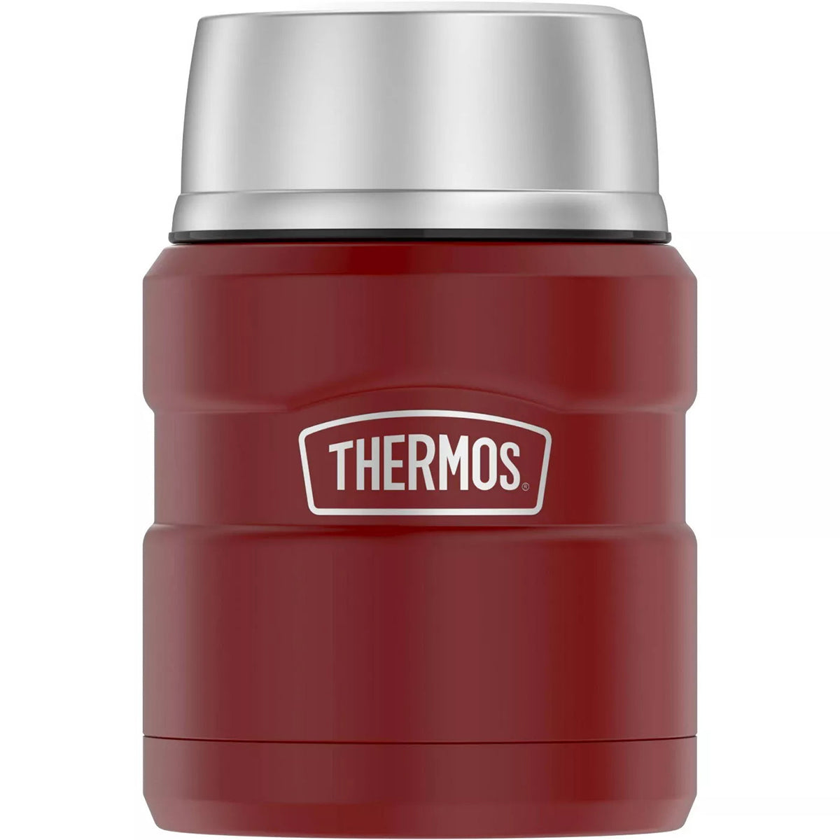 Red thermos with silver lid on a white background