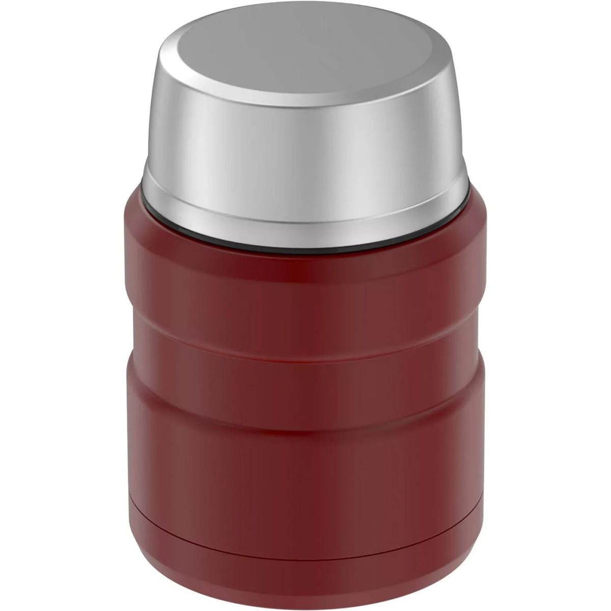 Red thermos with silver lid on a white background