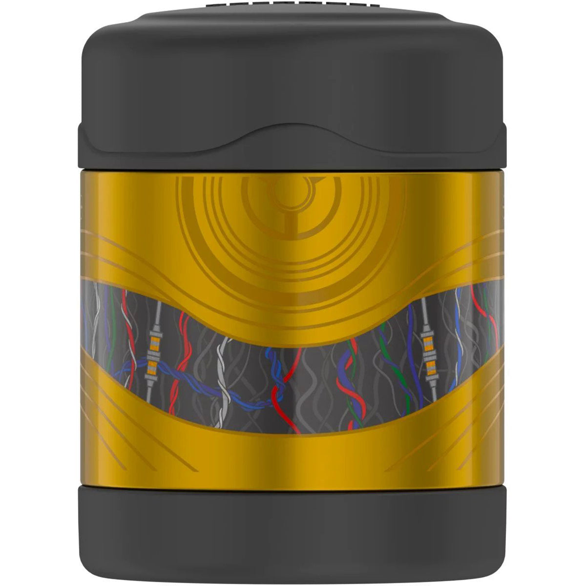 Gold and black thermos with abstract pattern on a white background