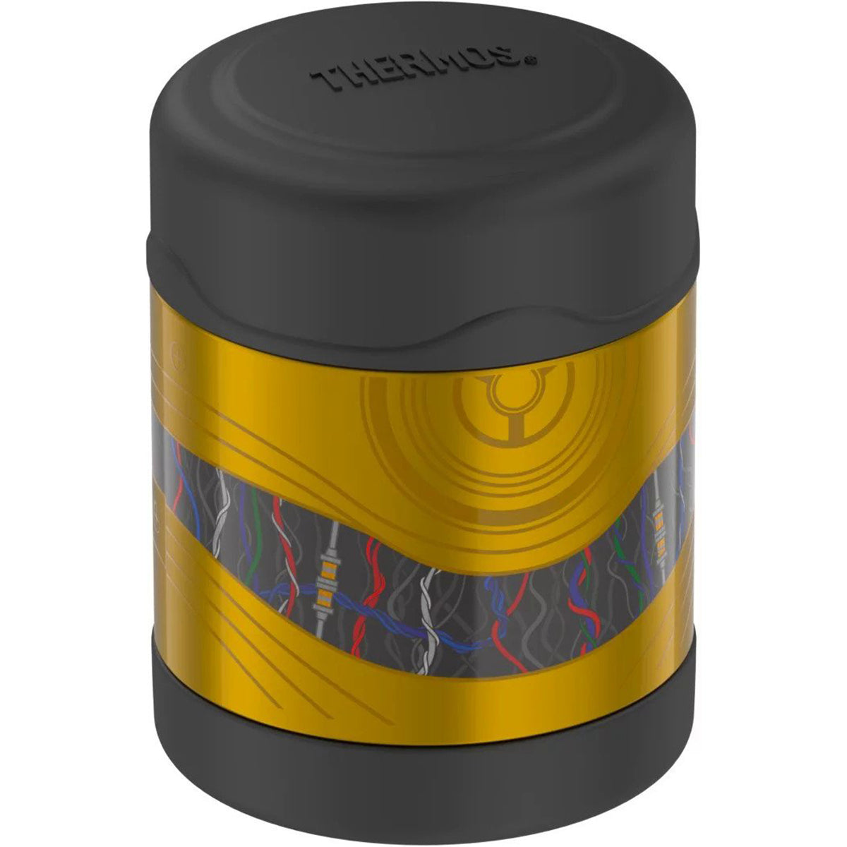 Thermos food jar with black lid and colorful design on a white background