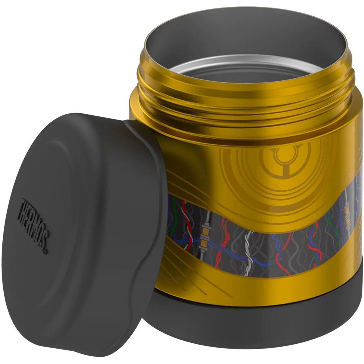Gold thermos with black lid on a white background