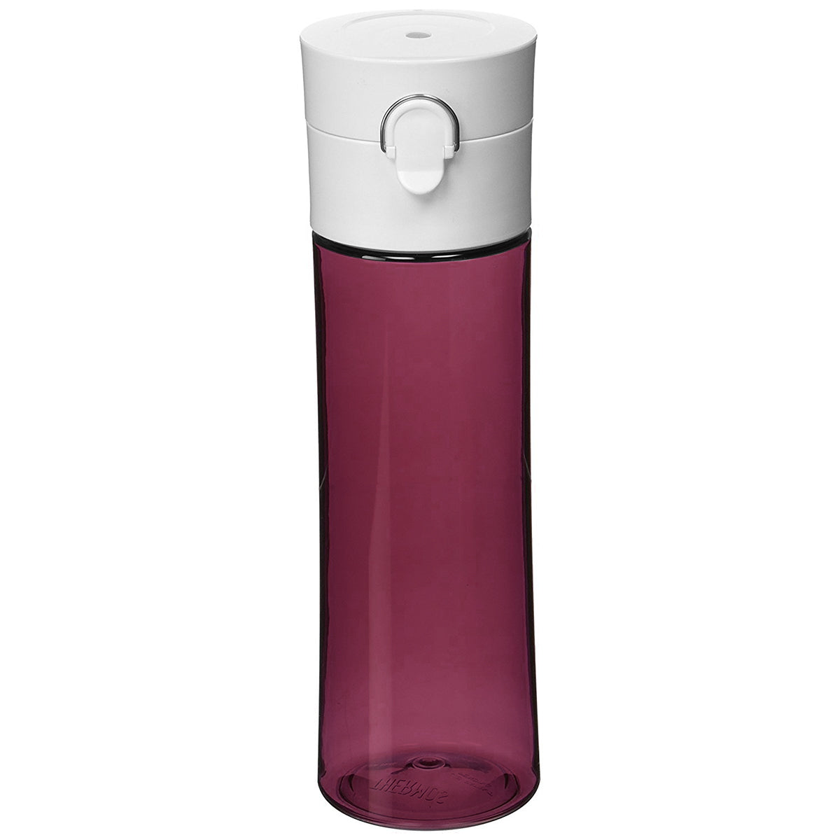 Purple water bottle with a white cap on a white background