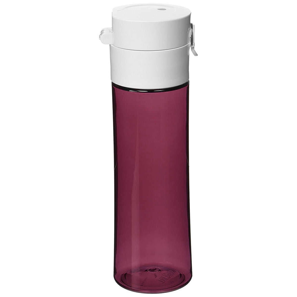 Purple water bottle with a white cap on a white background