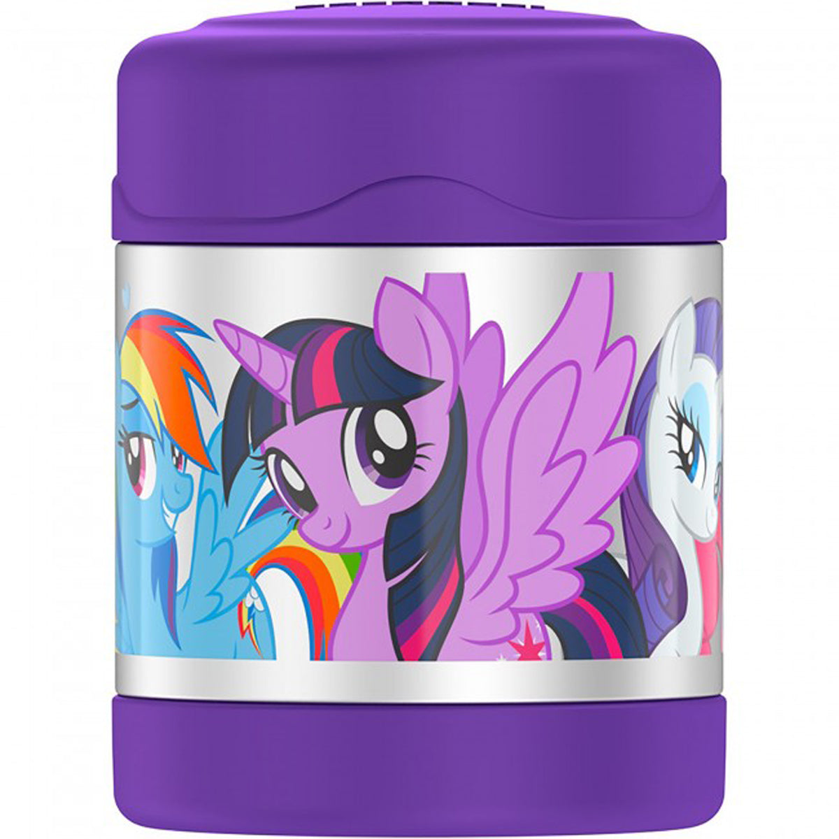 Purple thermos with My Little Pony design on a white background