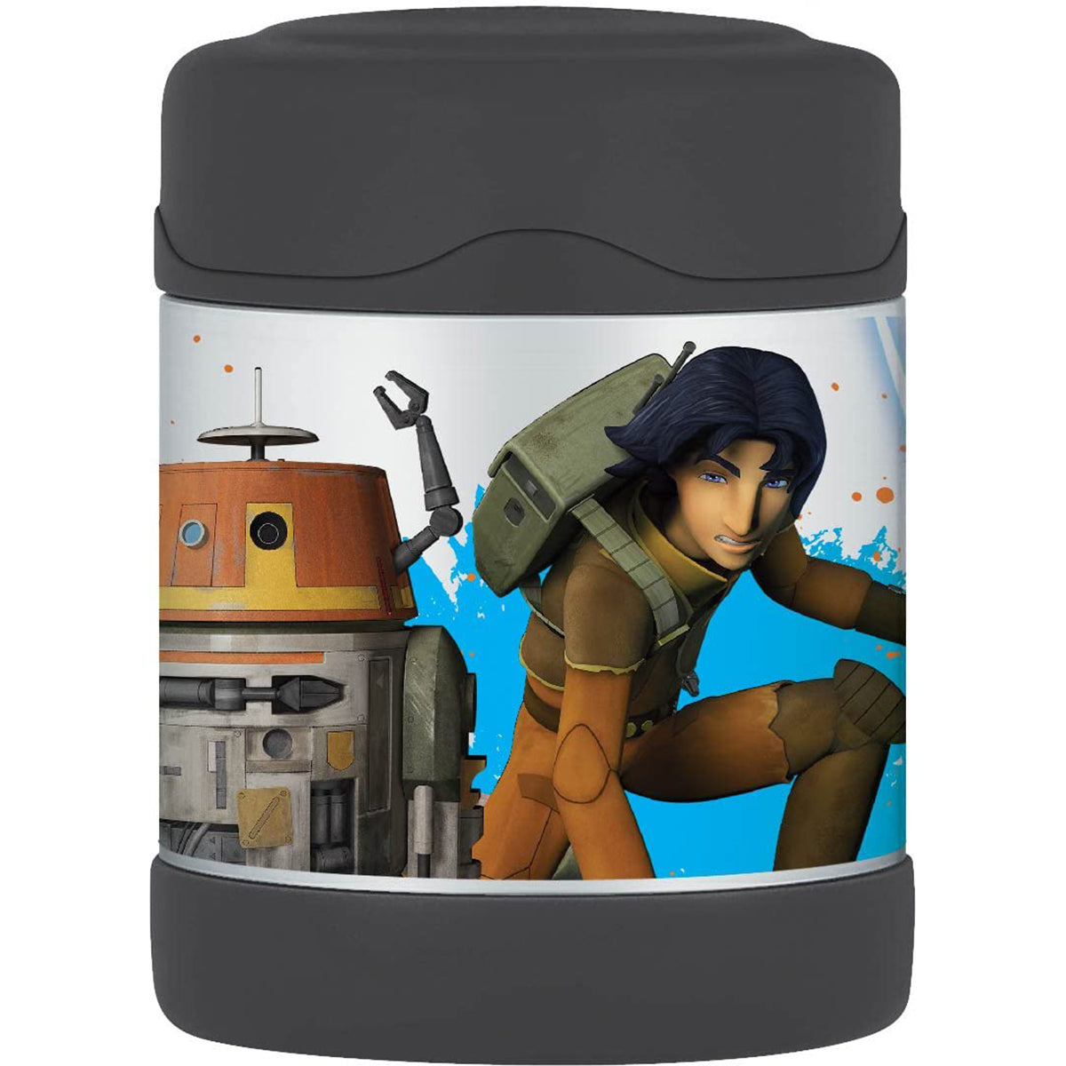 Thermos with a robot and character design on a white background