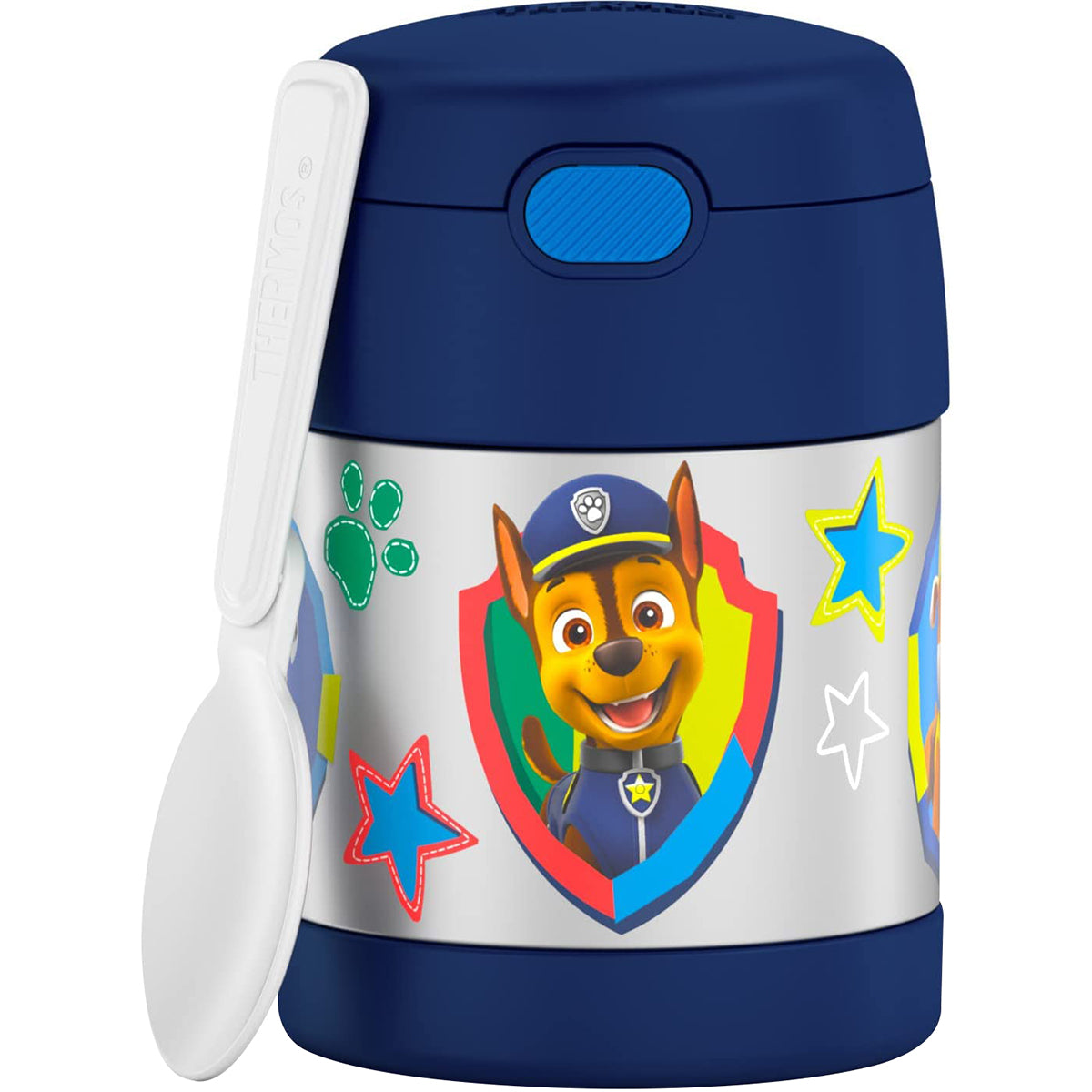Children's thermos with cartoon character design on a white background