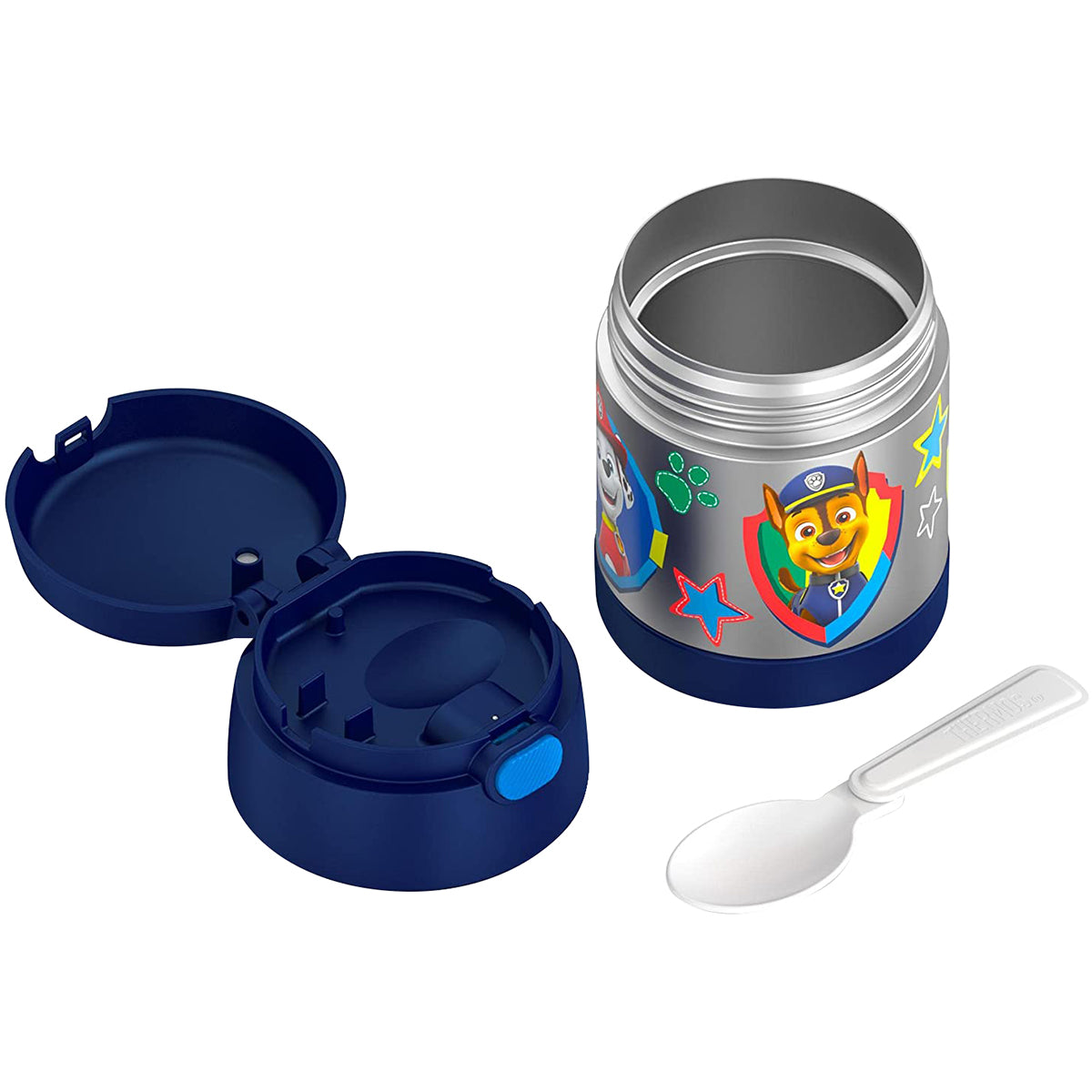 Children's food container with lid, spoon, and Paw Patrol design on a white background