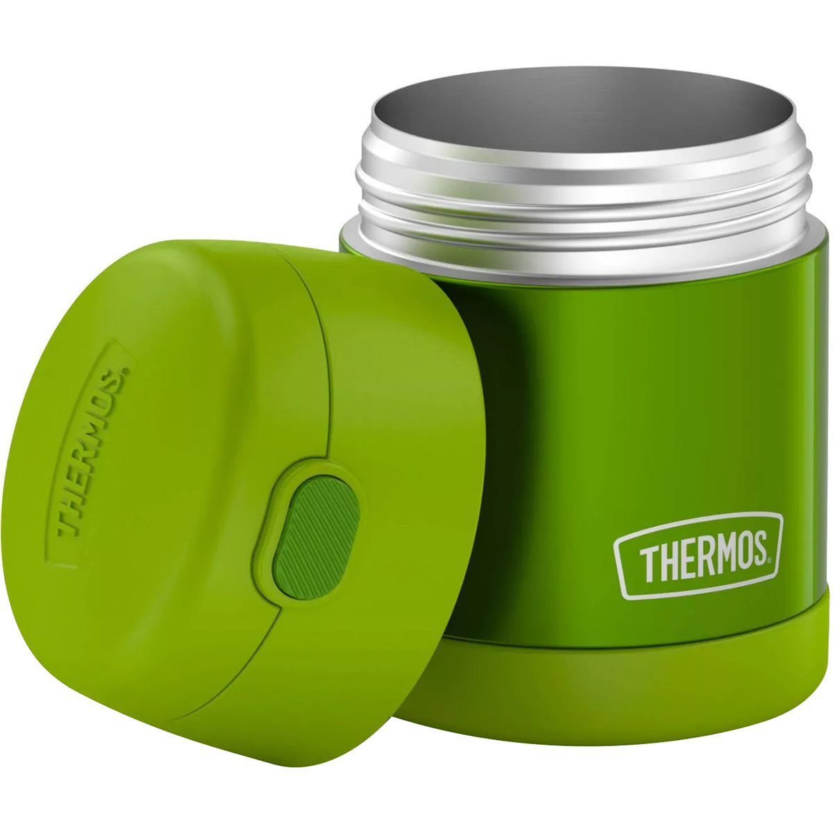 Green thermos with a silver lid on a white background