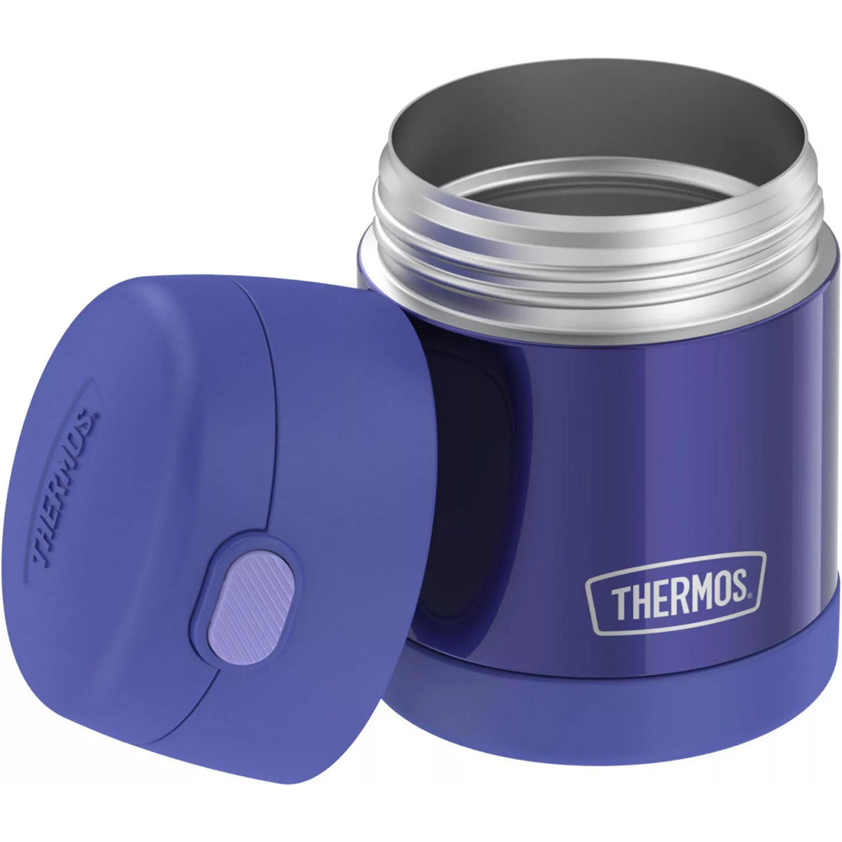 Blue thermos with open lid on a white background