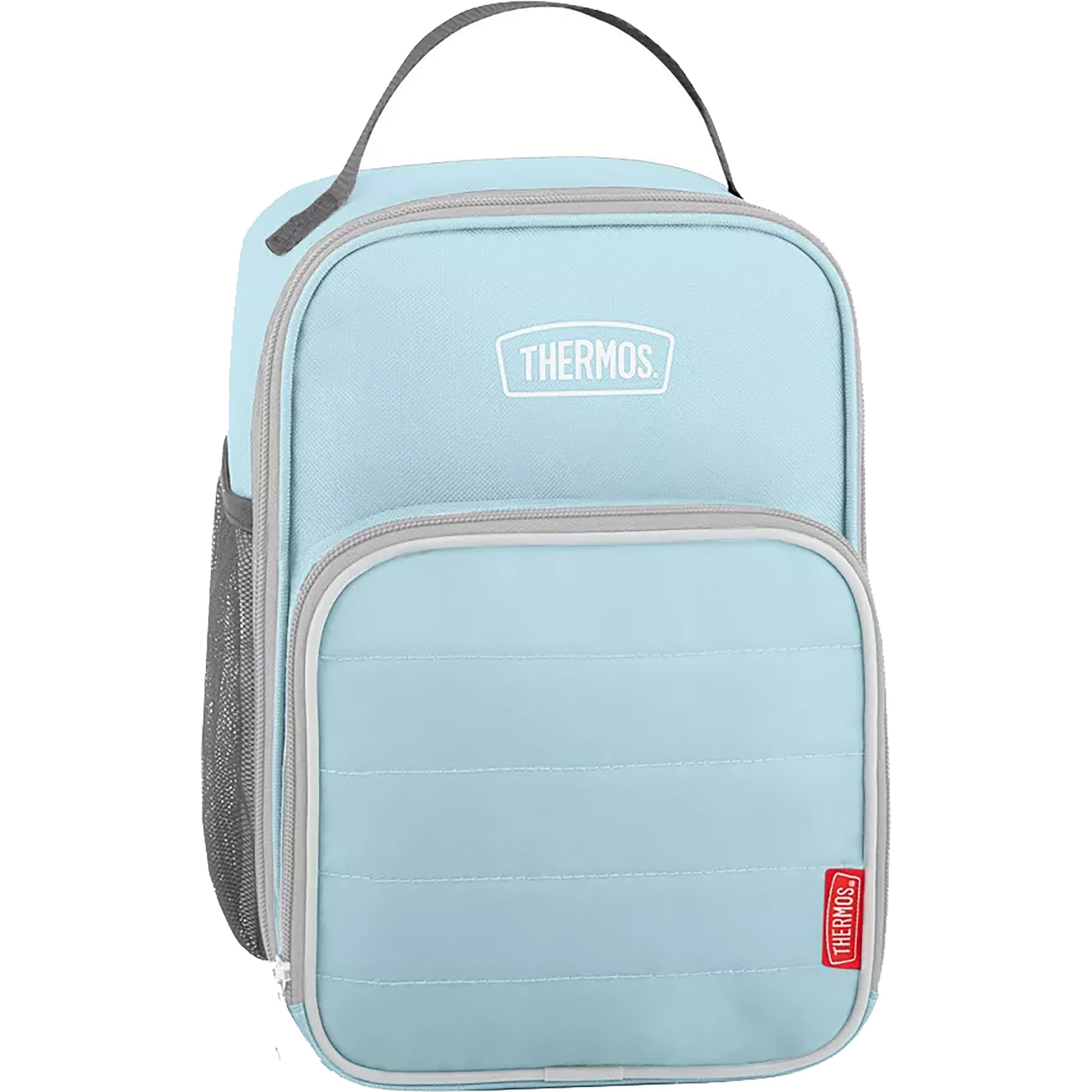 Light blue lunch bag with gray accents and Thermos logo on a white background