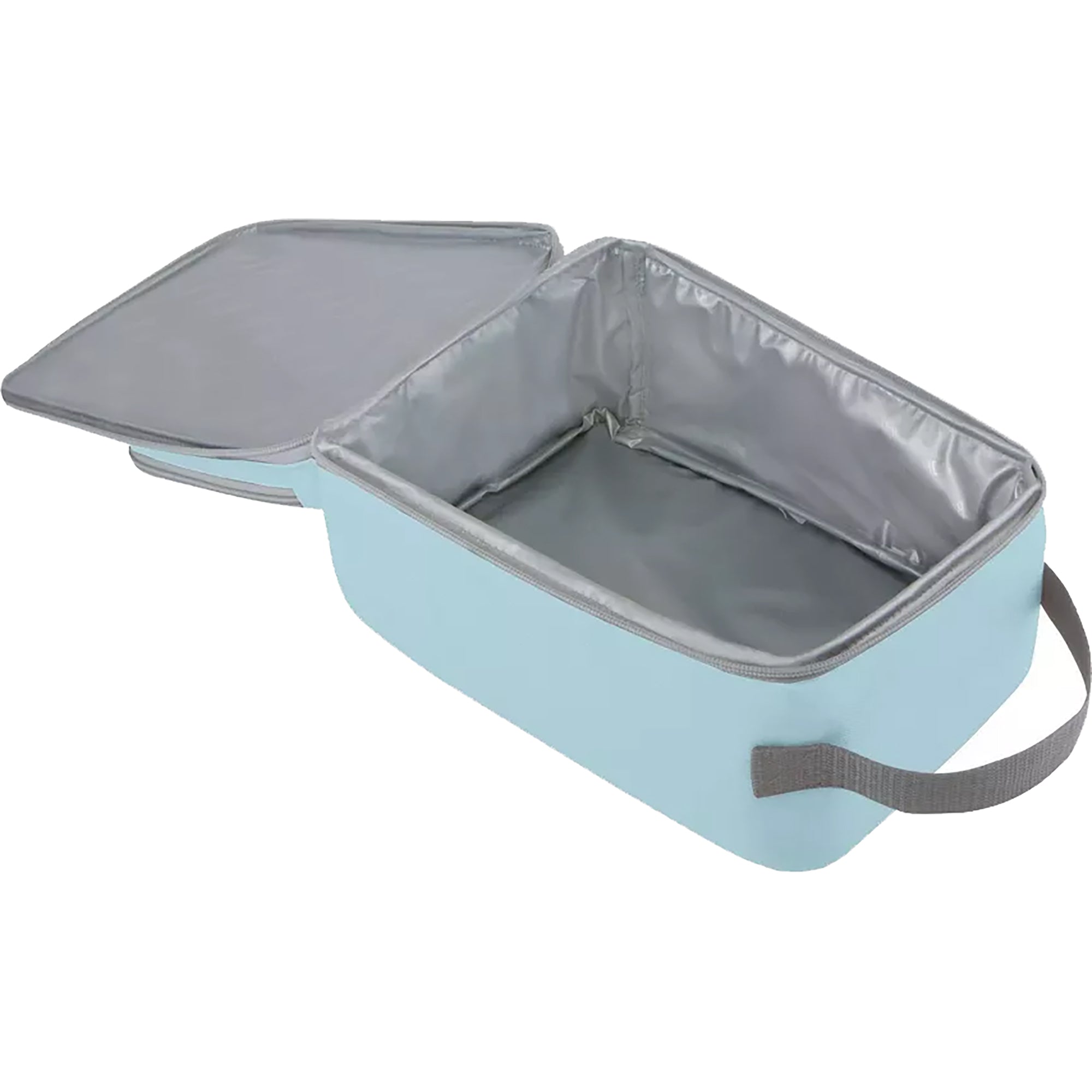Light blue cooler bag with gray interior and handle on a white background