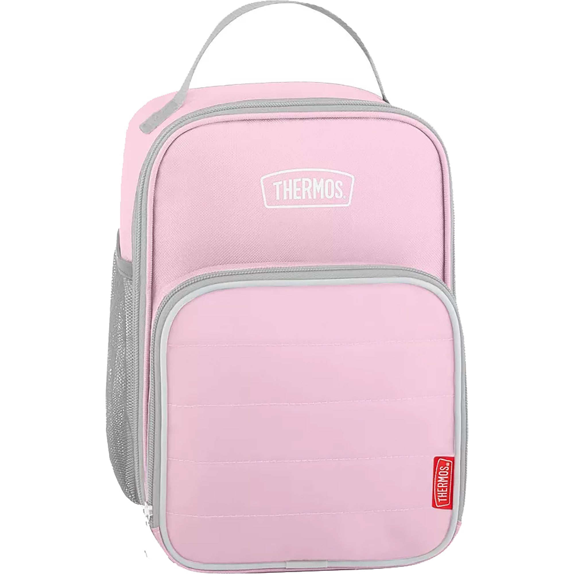 Pink thermos bag with gray accents on a white background