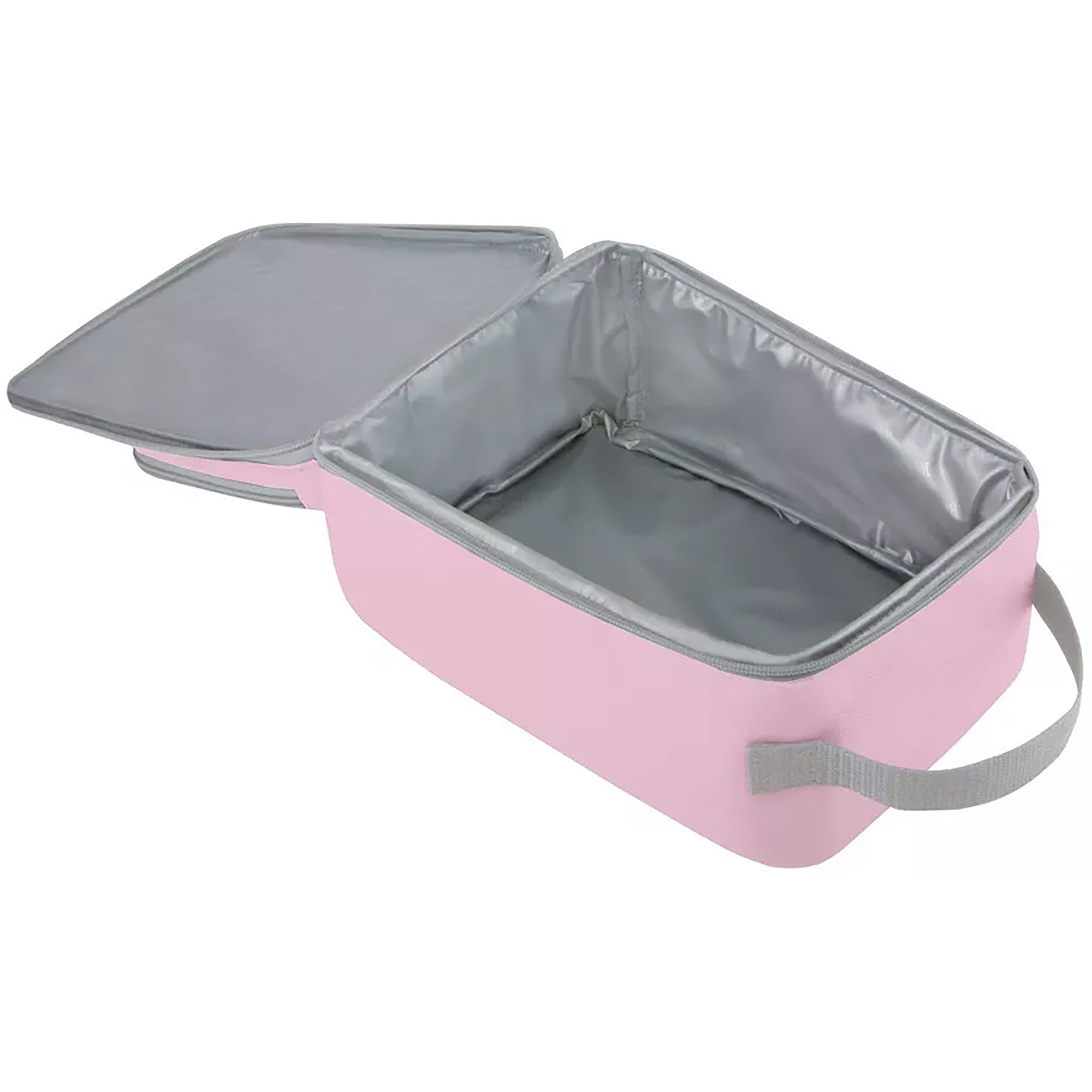 Pink insulated lunch bag with gray interior on a white background