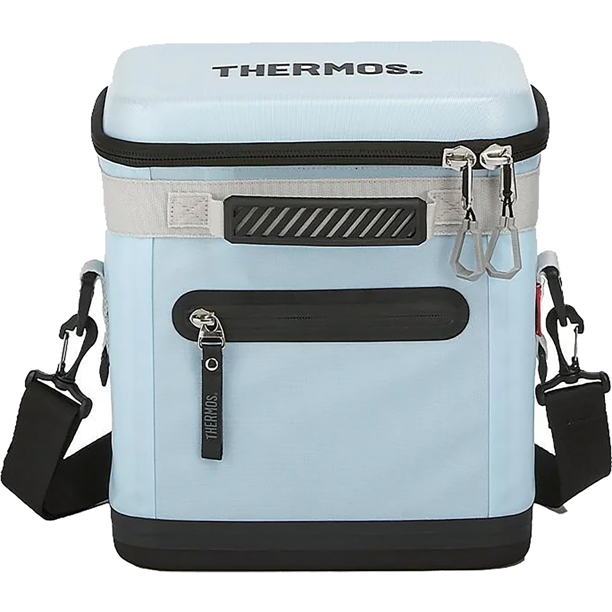 Light blue Thermos cooler bag with black accents on a white background