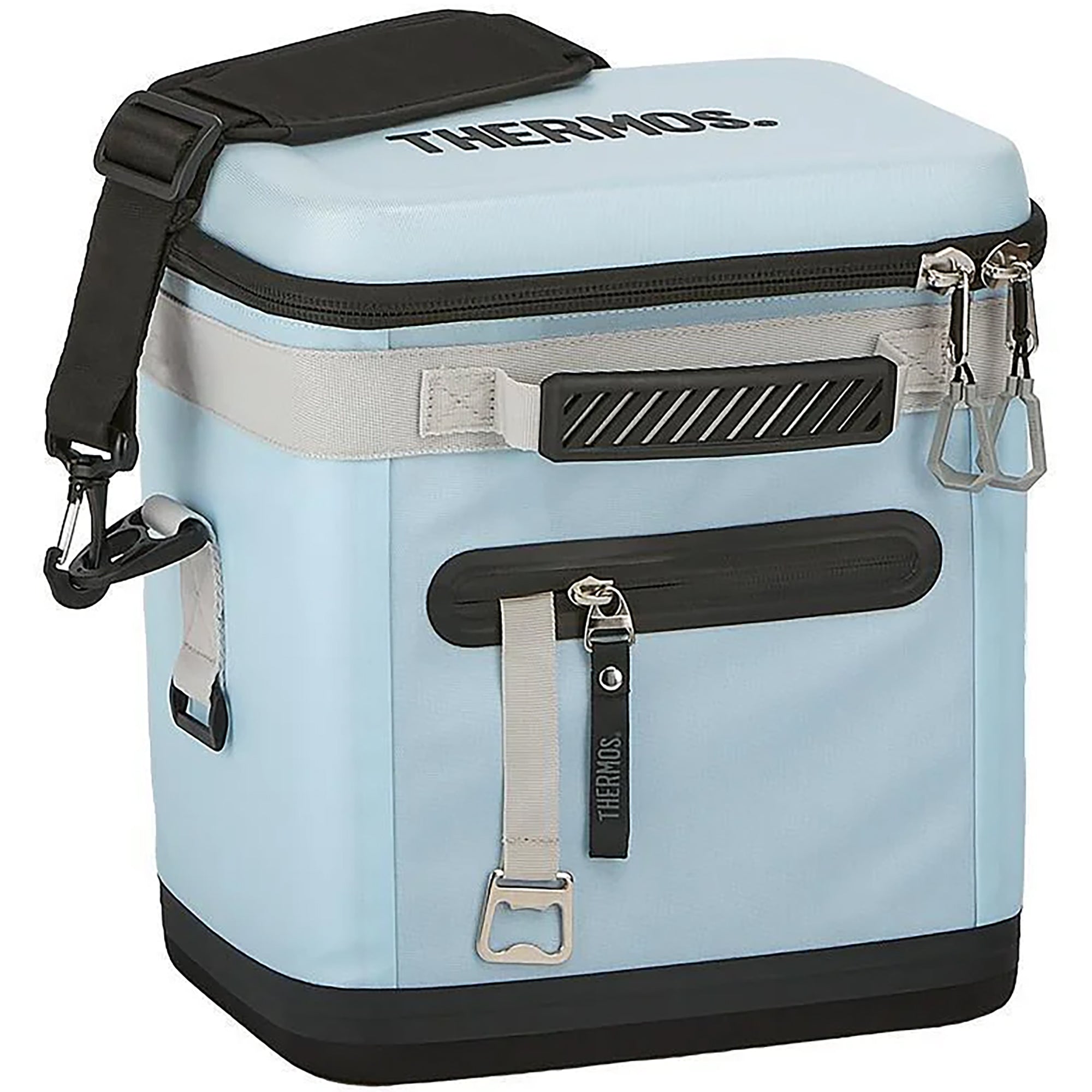 Light blue cooler bag with black accents and Thermos branding on a white background