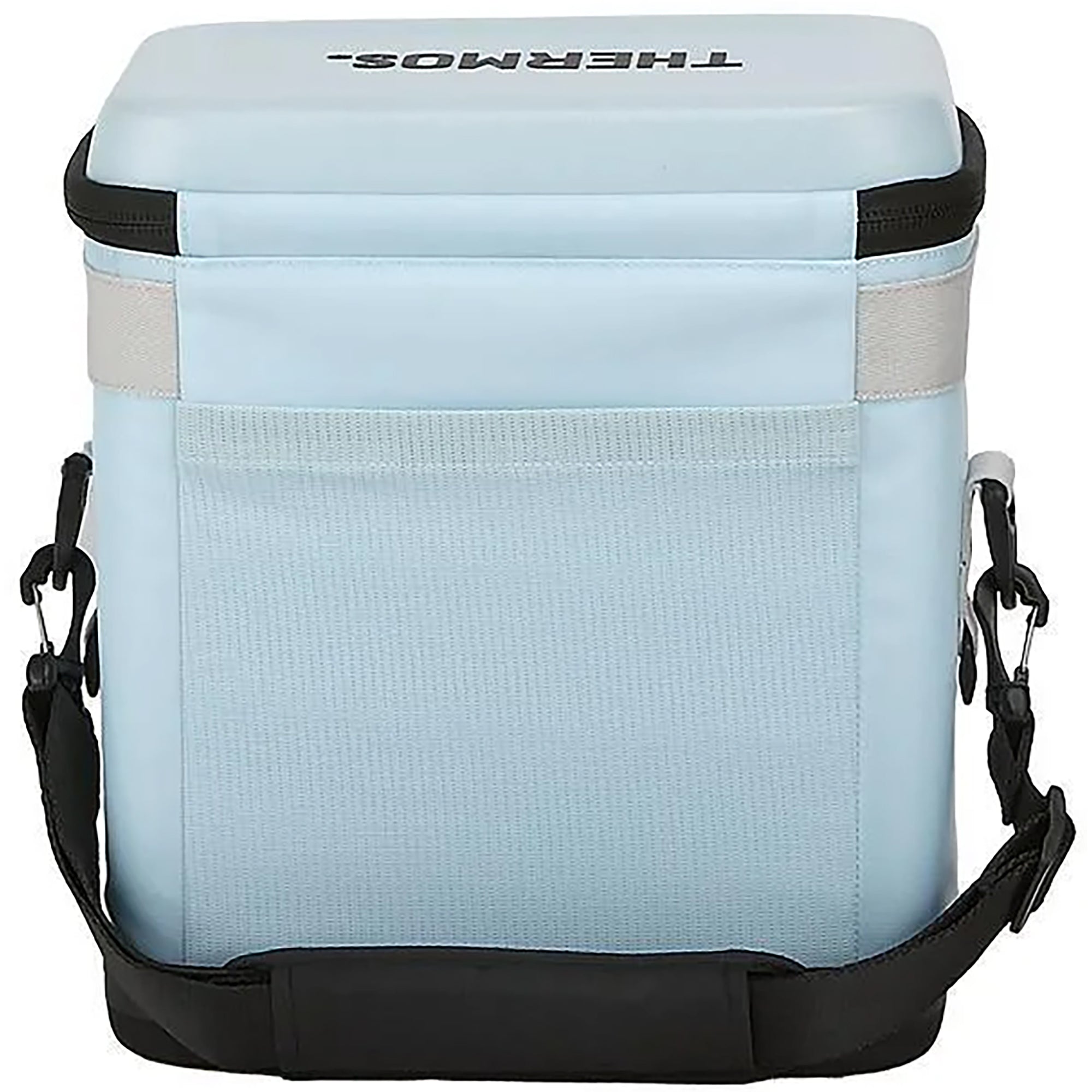 Light blue cooler bag with black straps and 'Thermos' branding on a white background