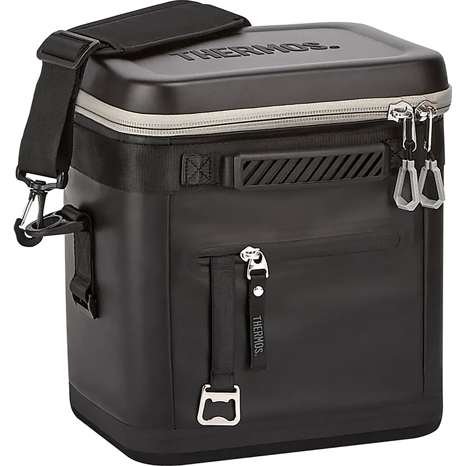 Black Thermos cooler bag with multiple straps on a white background