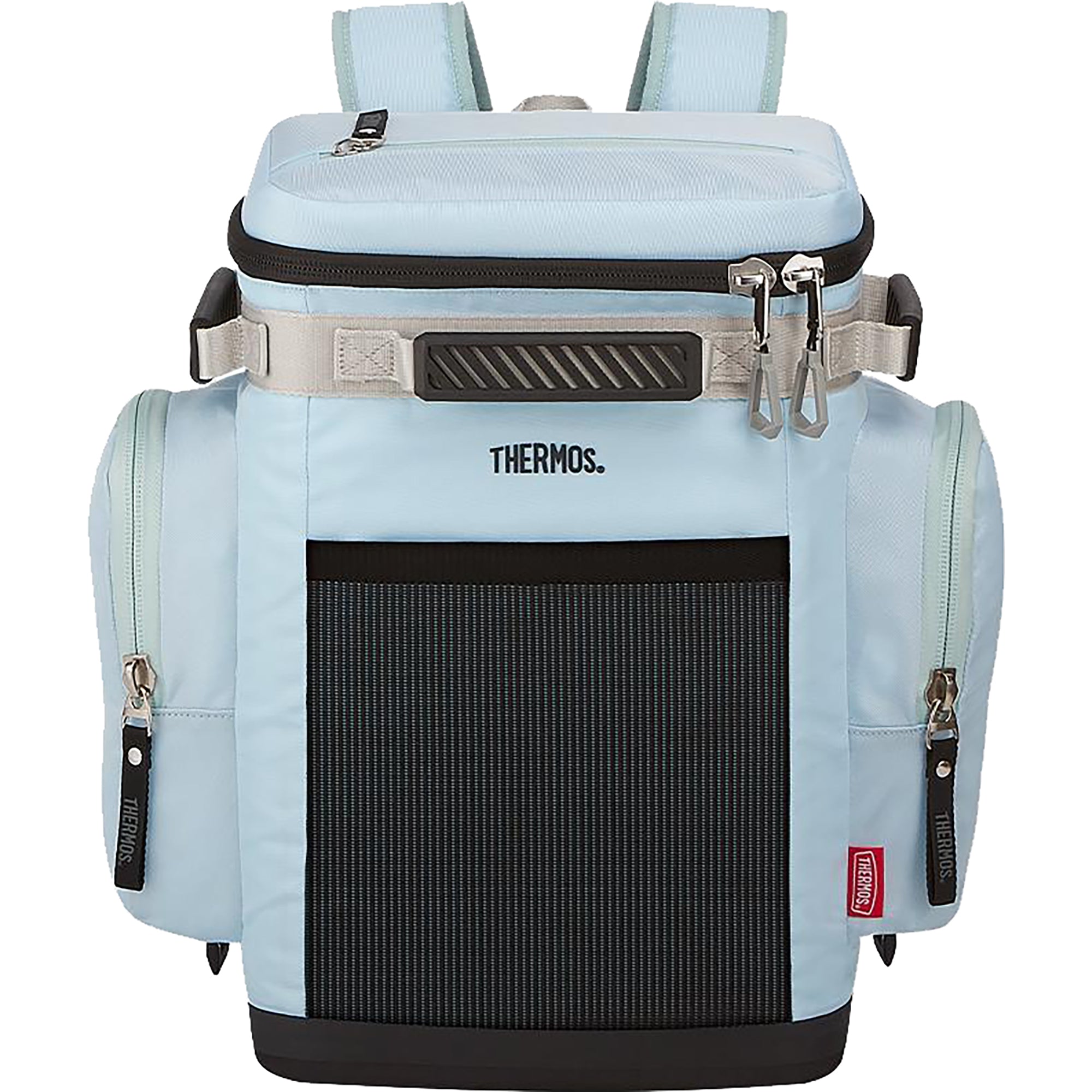 Light blue thermos backpack with black front panel on a white background