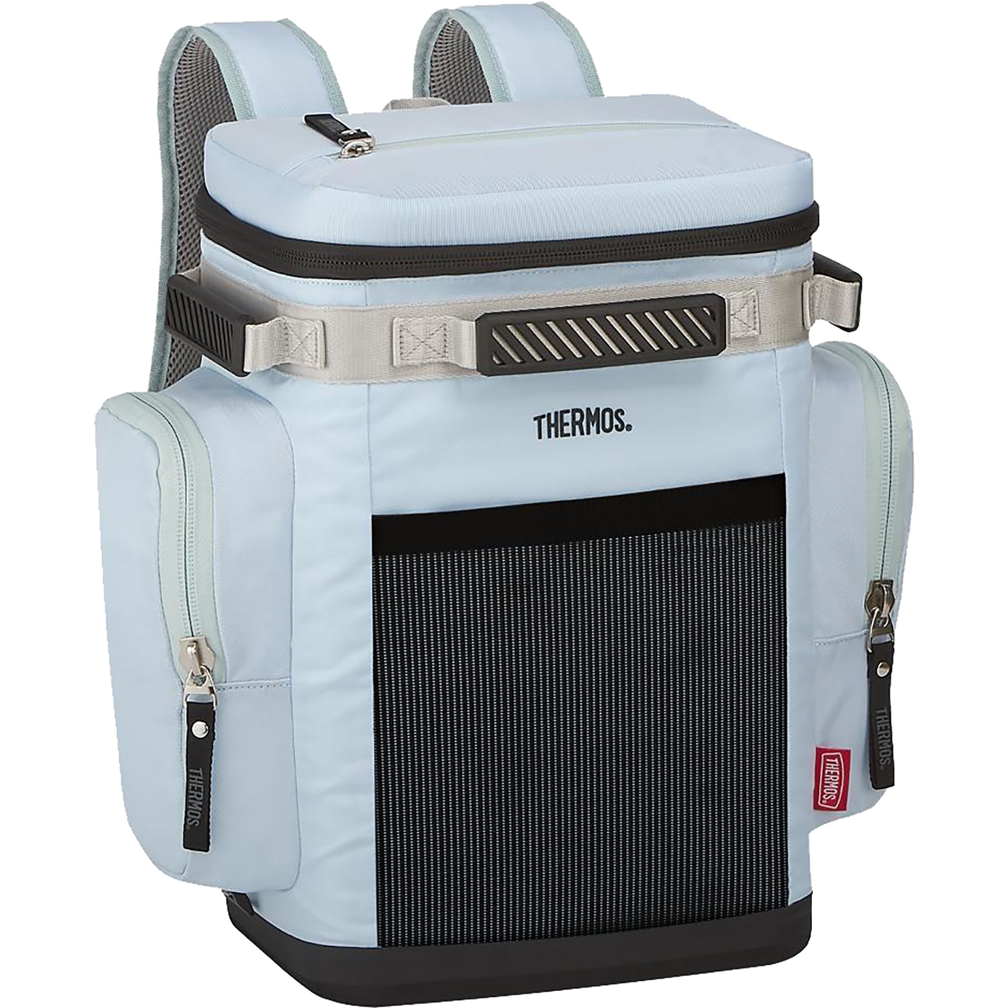 Light blue thermos backpack with black solar panel on a white background