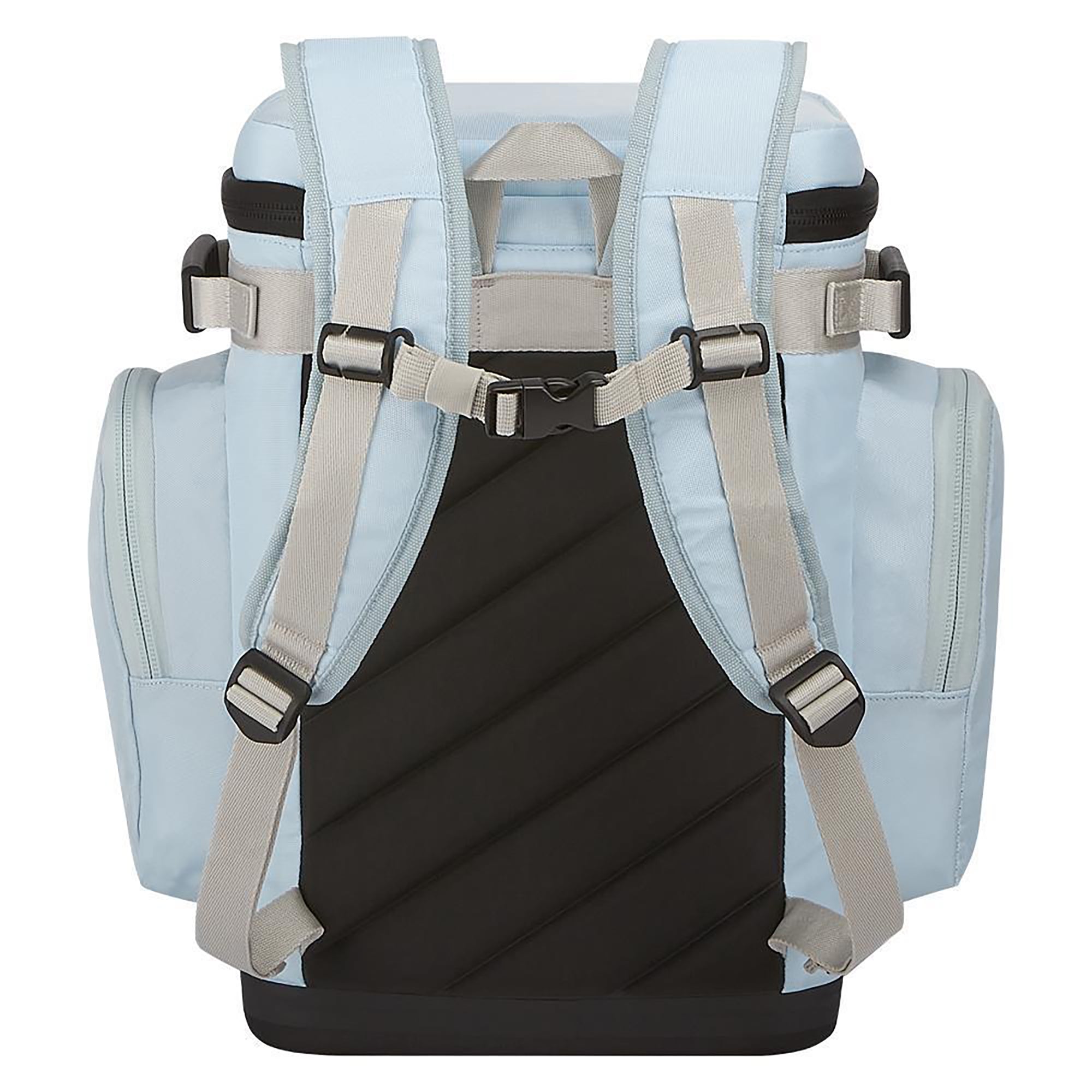 Light blue backpack with black back panel and straps on a white background