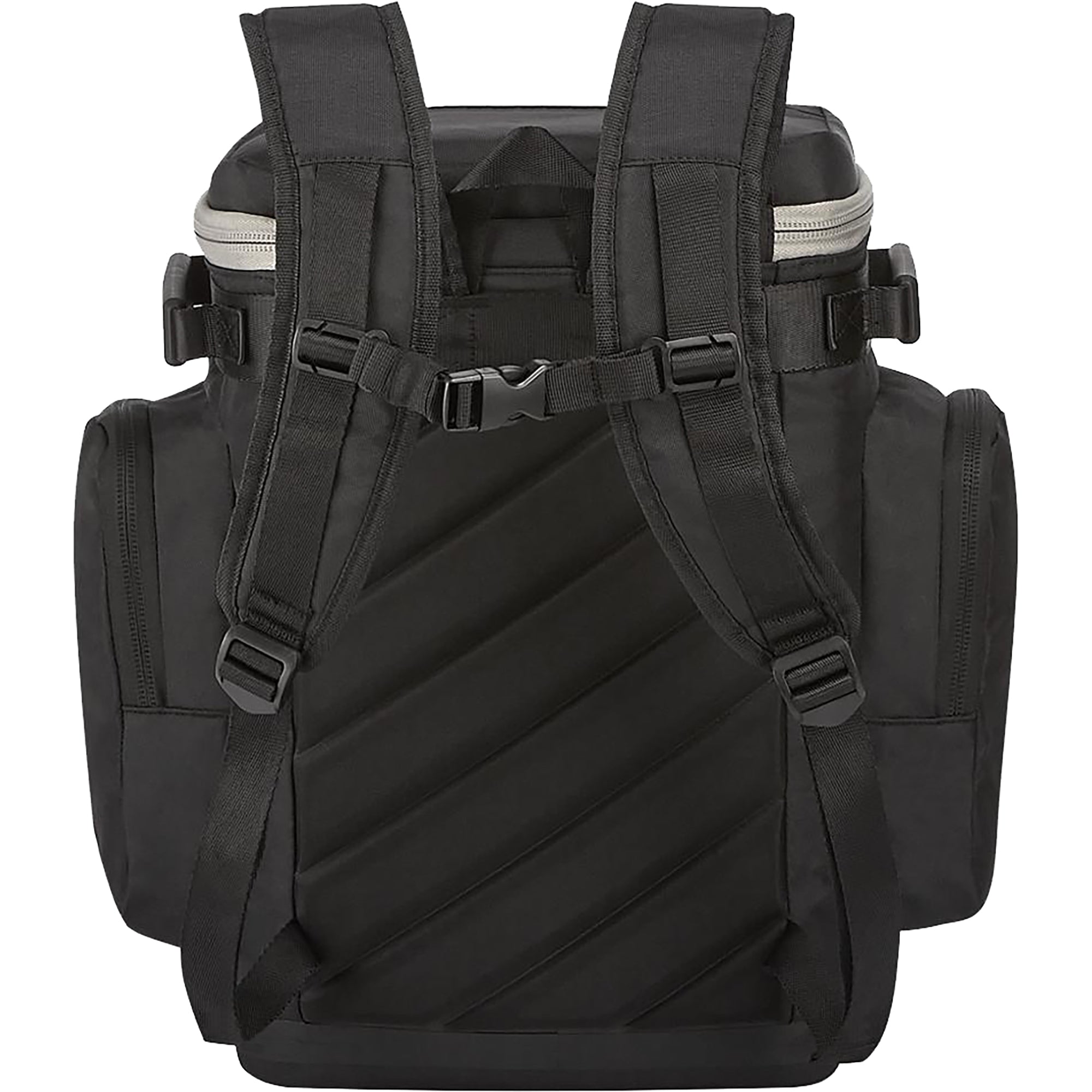 Black backpack with multiple straps on a white background