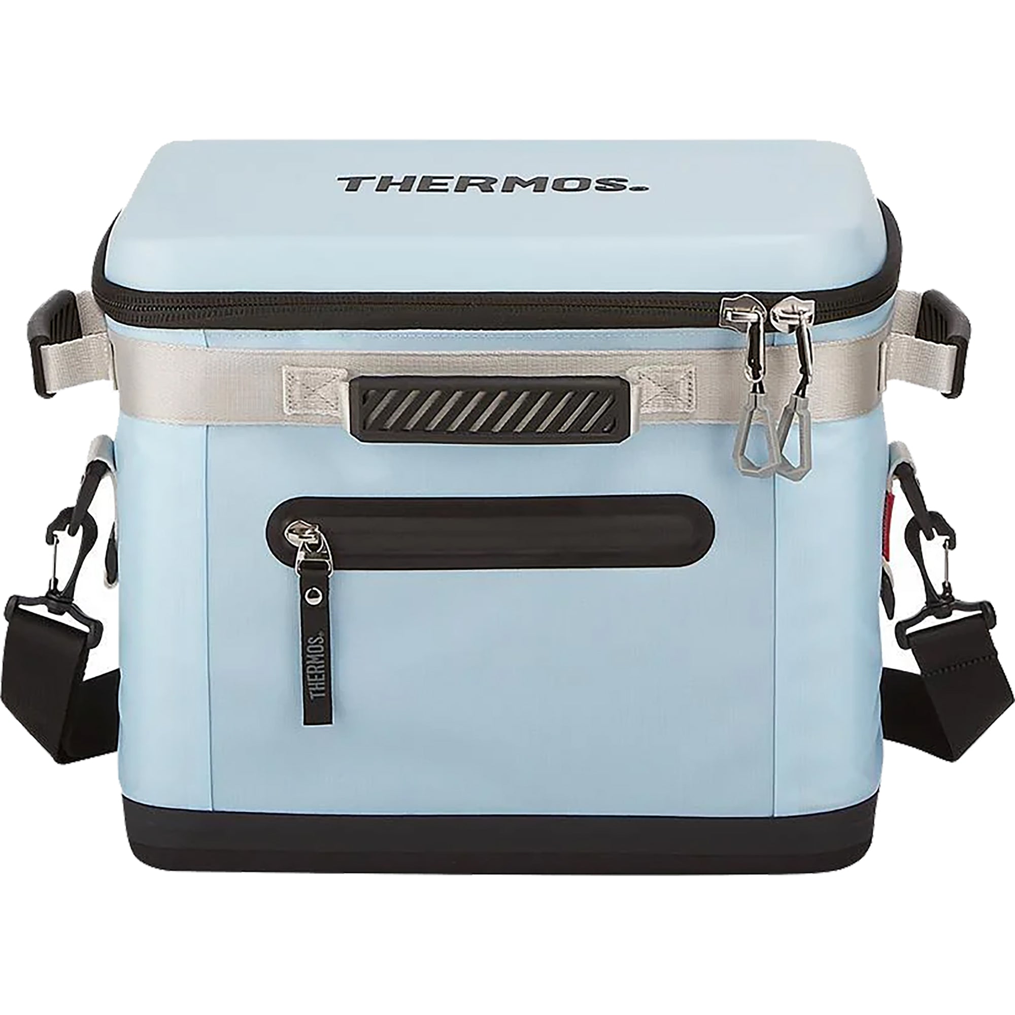 Light blue thermos cooler bag with black accents on a white background