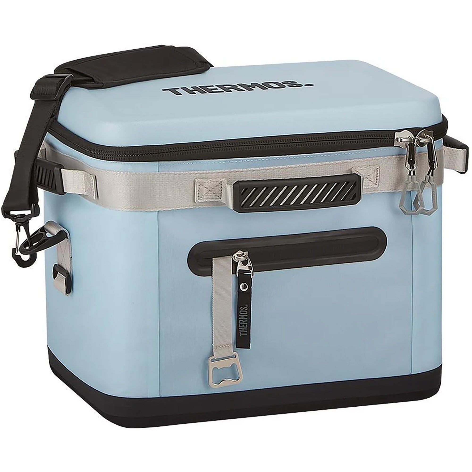 Light blue Thermos cooler bag with black handles and strap on a white background