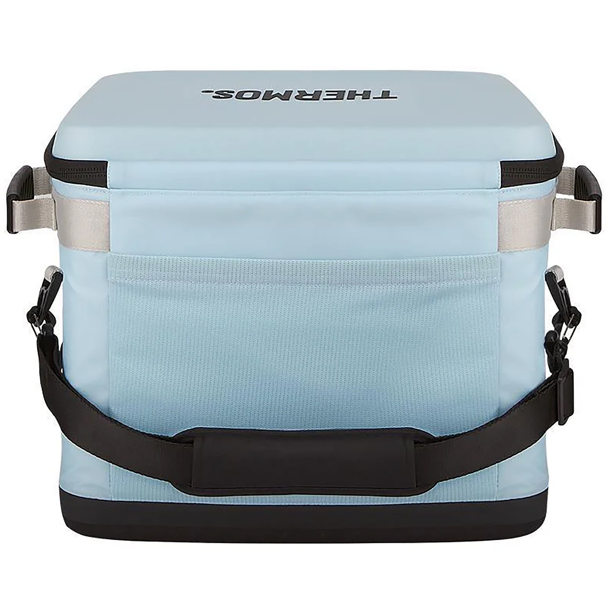Light blue cooler bag with black straps on a white background