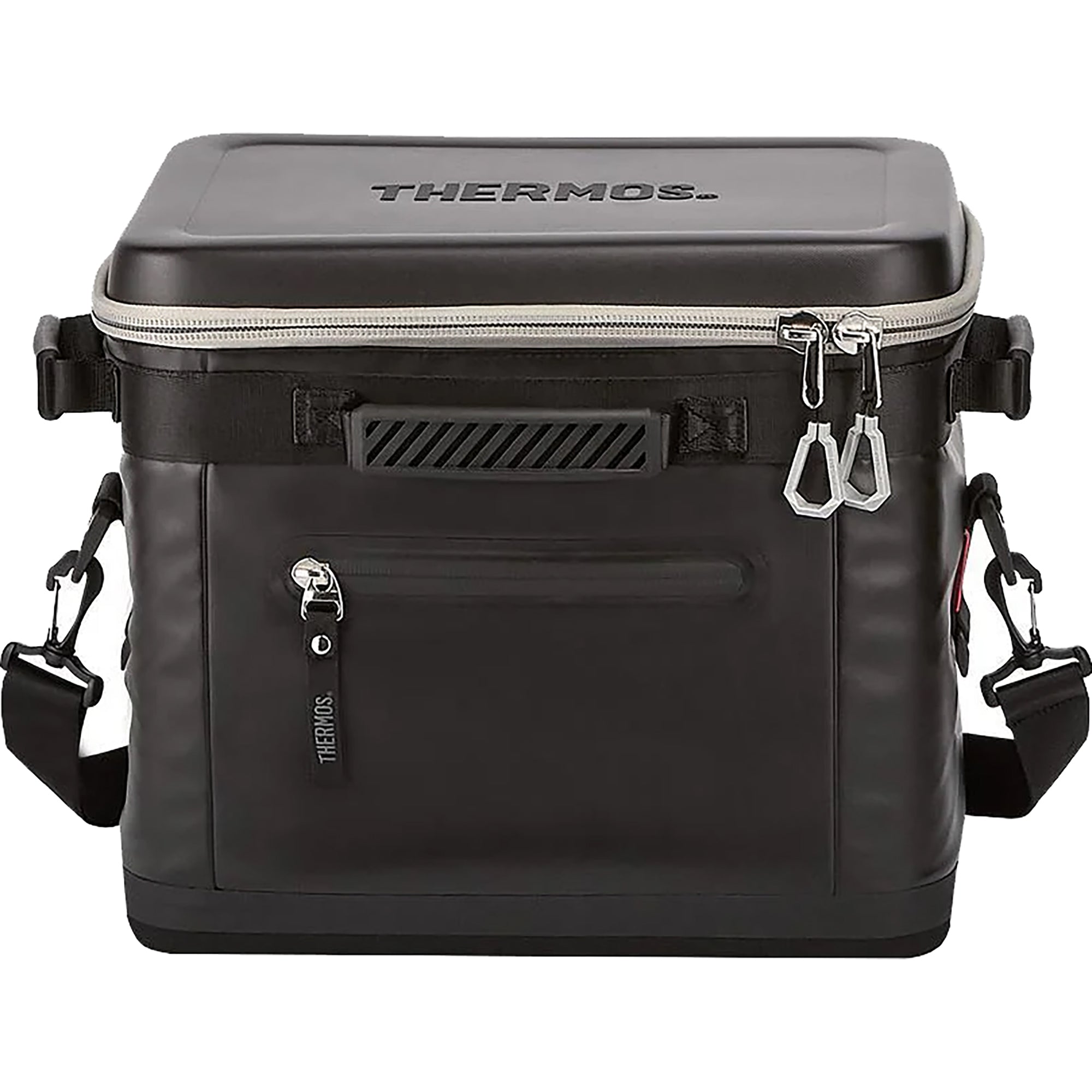 Black Thermos cooler bag with straps on a white background