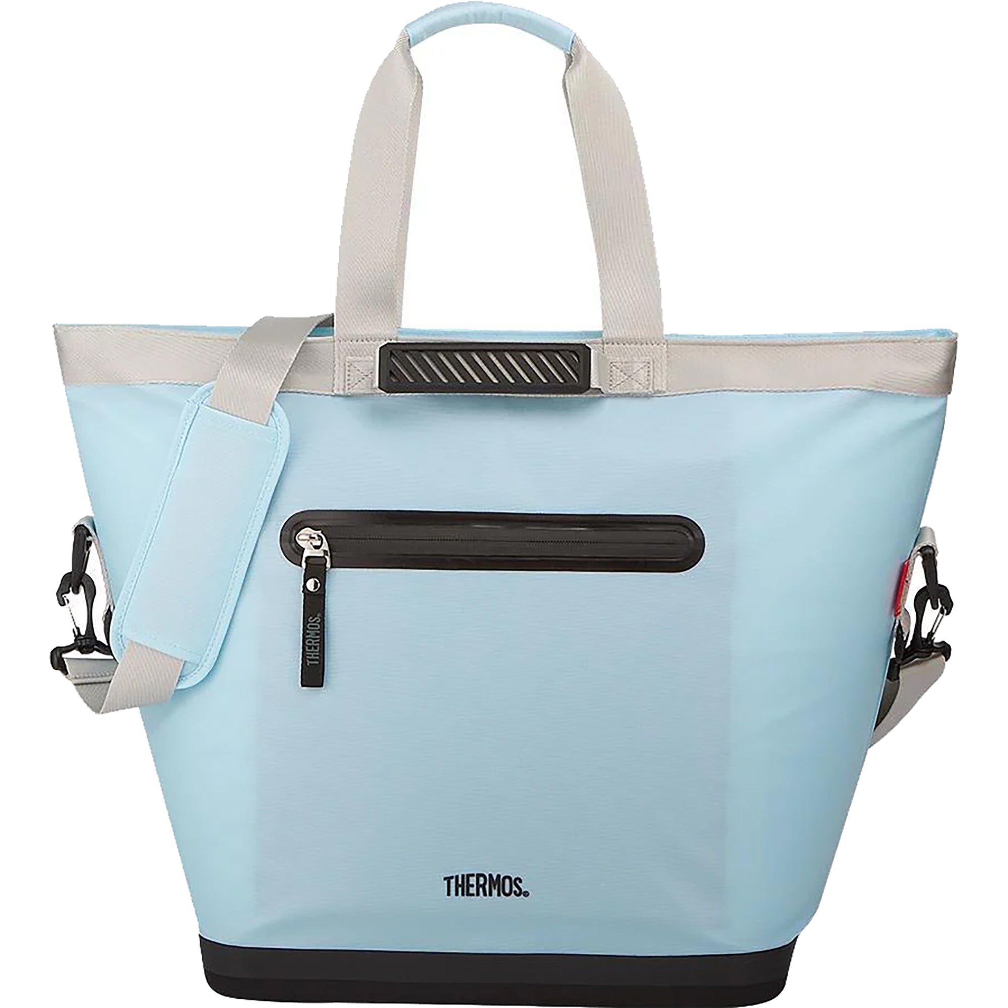 Light blue tote bag with gray handles and black zippers on a white background