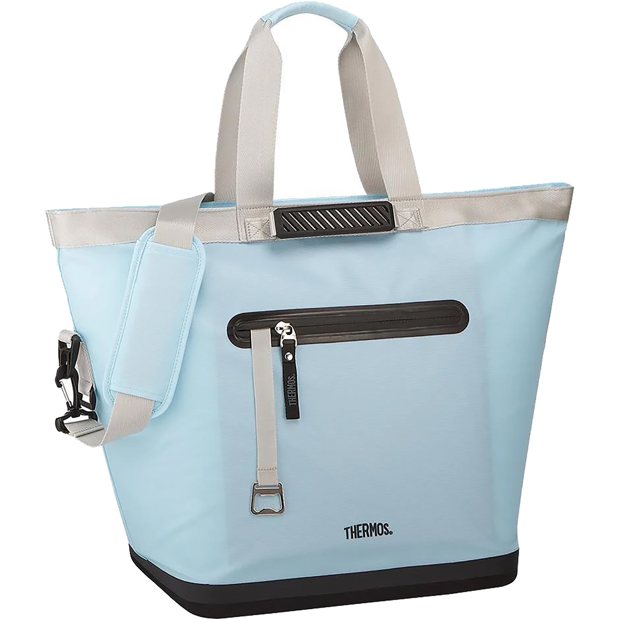 Light blue thermos bag with gray straps on a white background