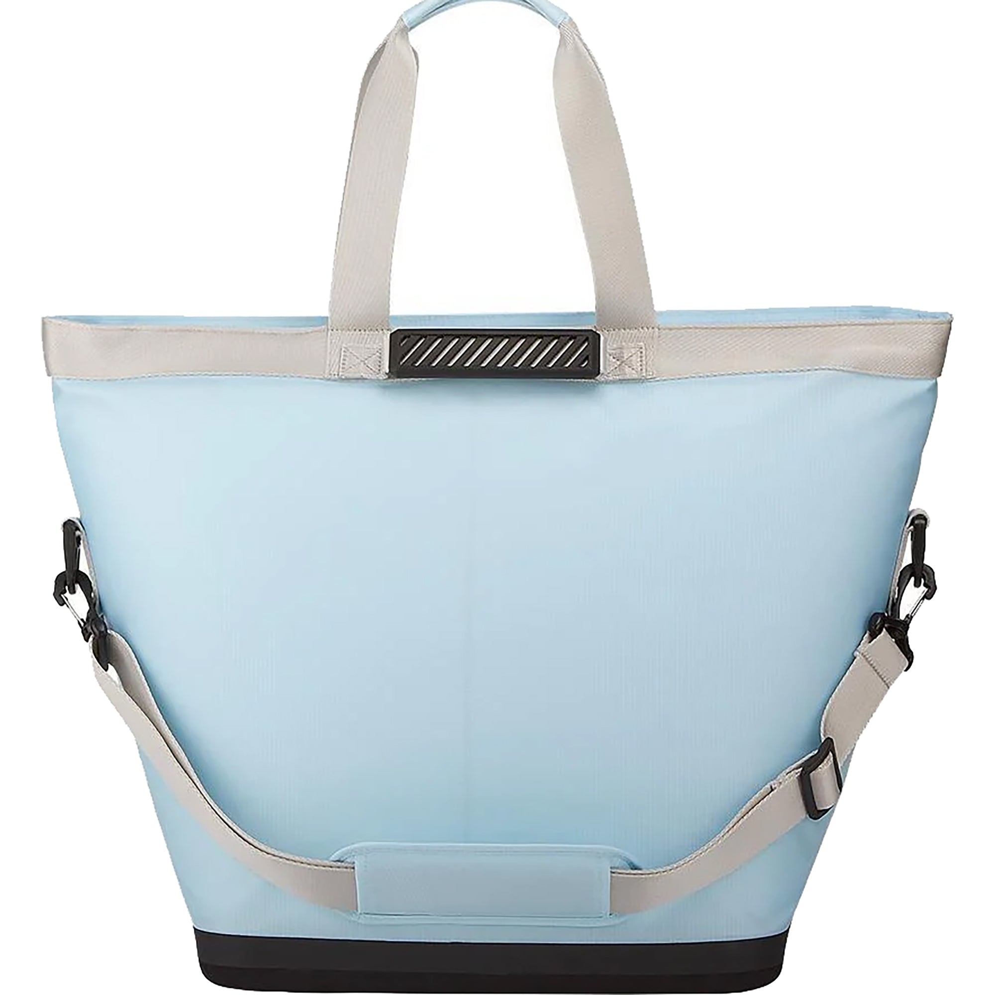 Light blue tote bag with beige straps on a white background
