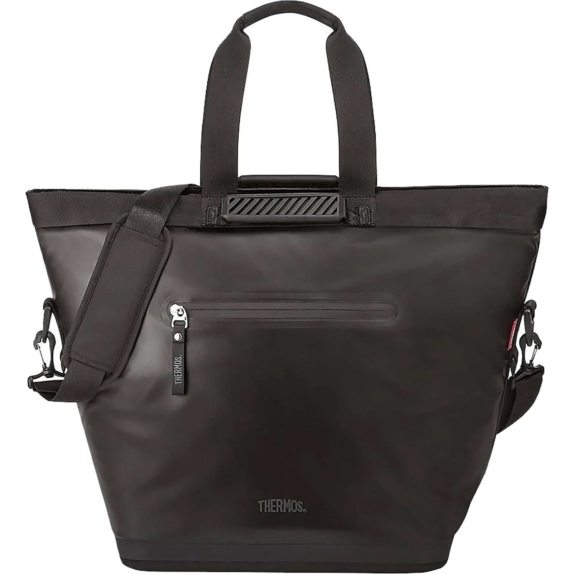 Black thermos bag with shoulder strap on a white background