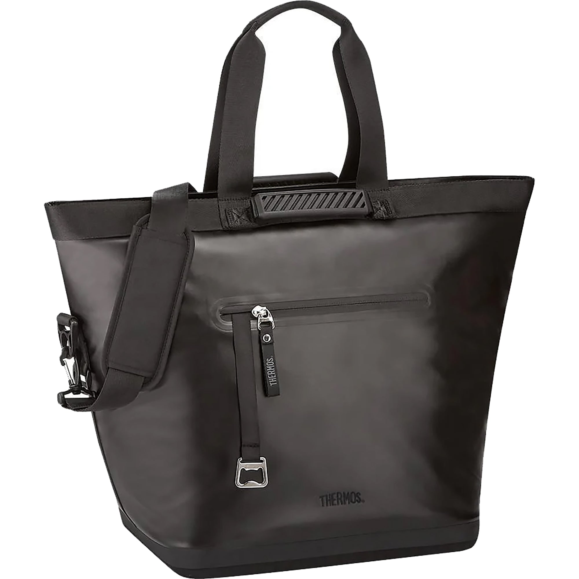 Black thermos bag with shoulder strap on a white background