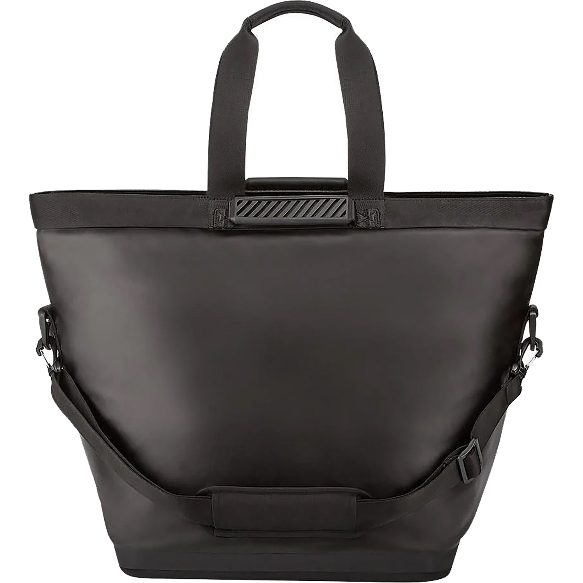 Black tote bag with shoulder strap on a white background
