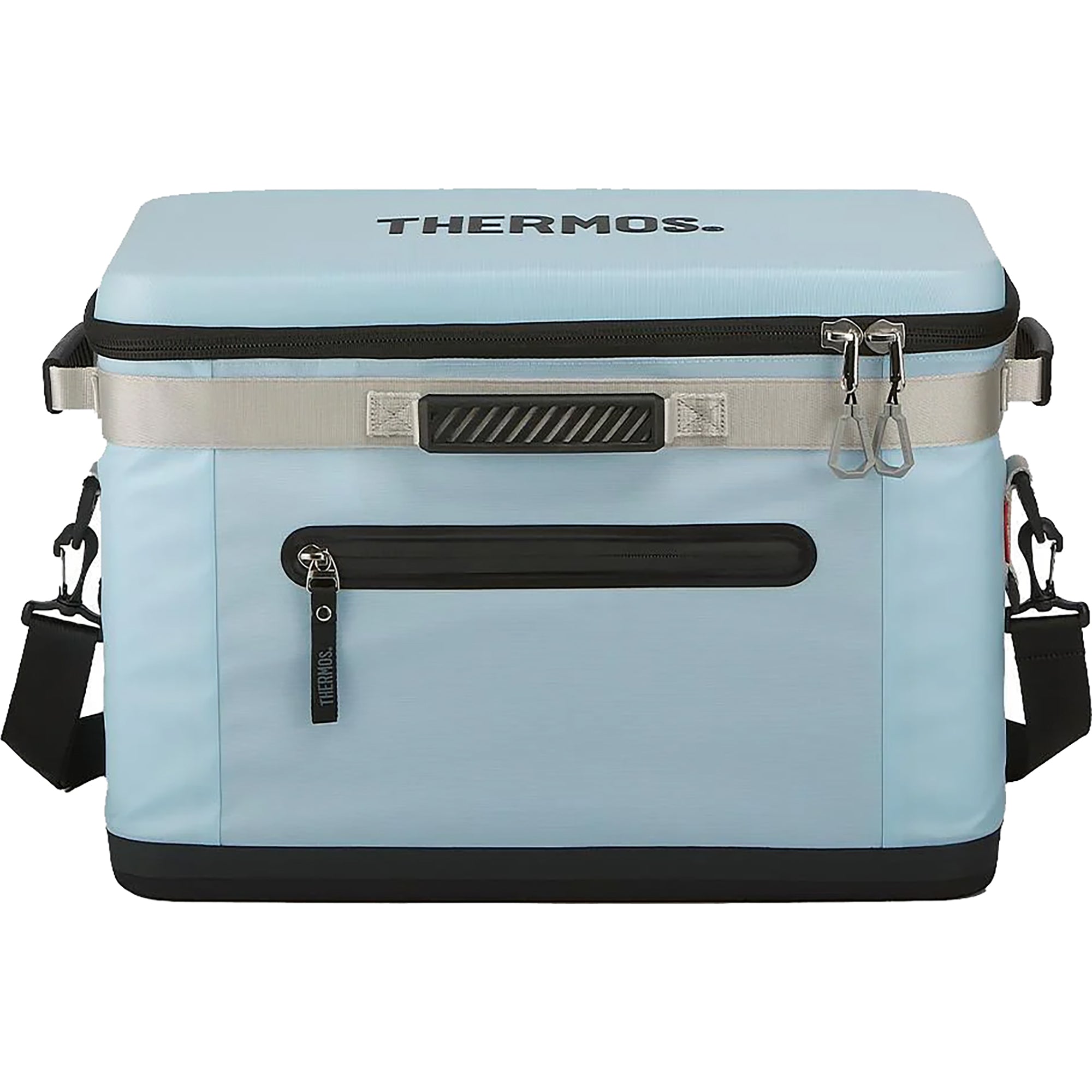 Light blue thermos cooler bag with black accents on a white background
