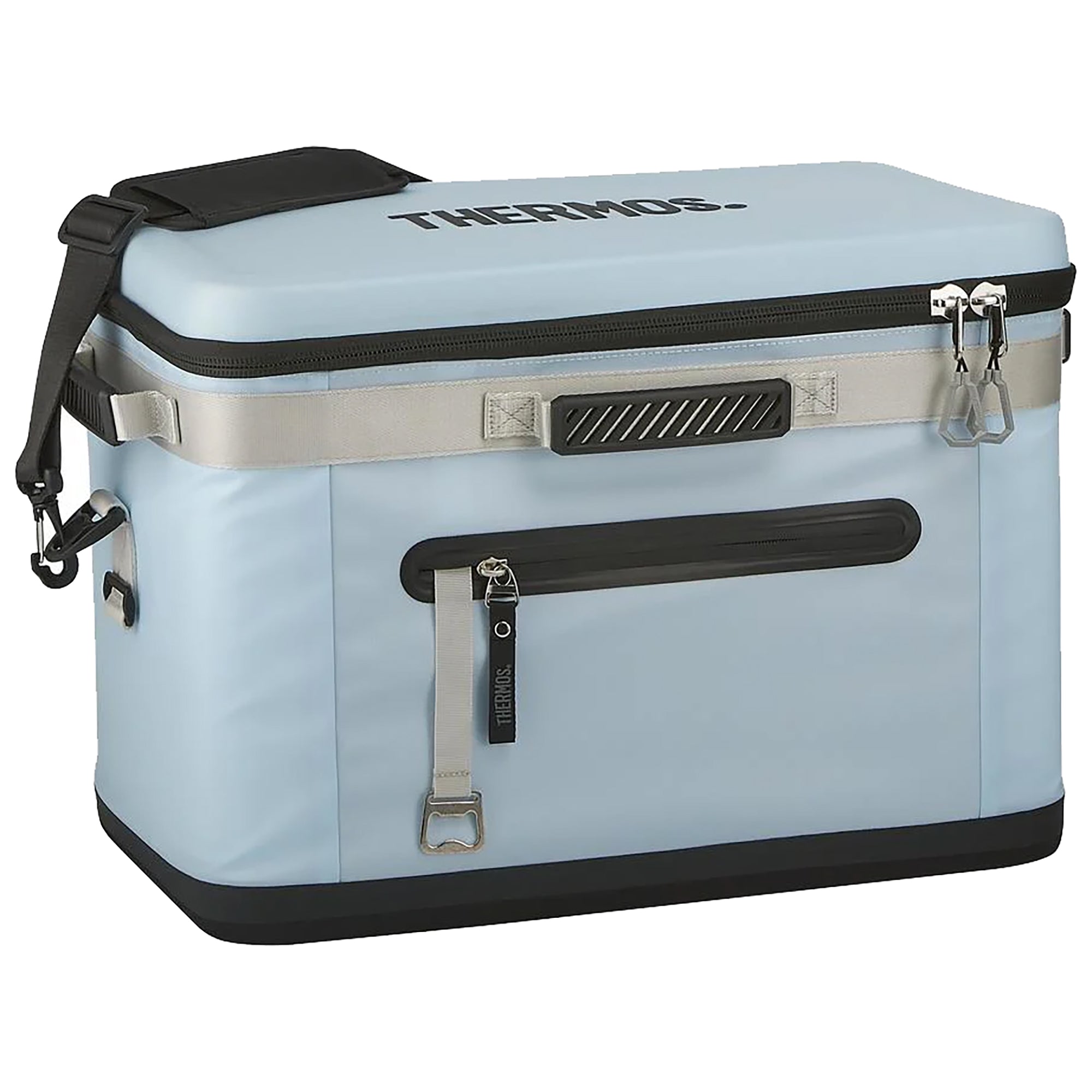 Light blue cooler bag with black handles and Thermos branding on a white background