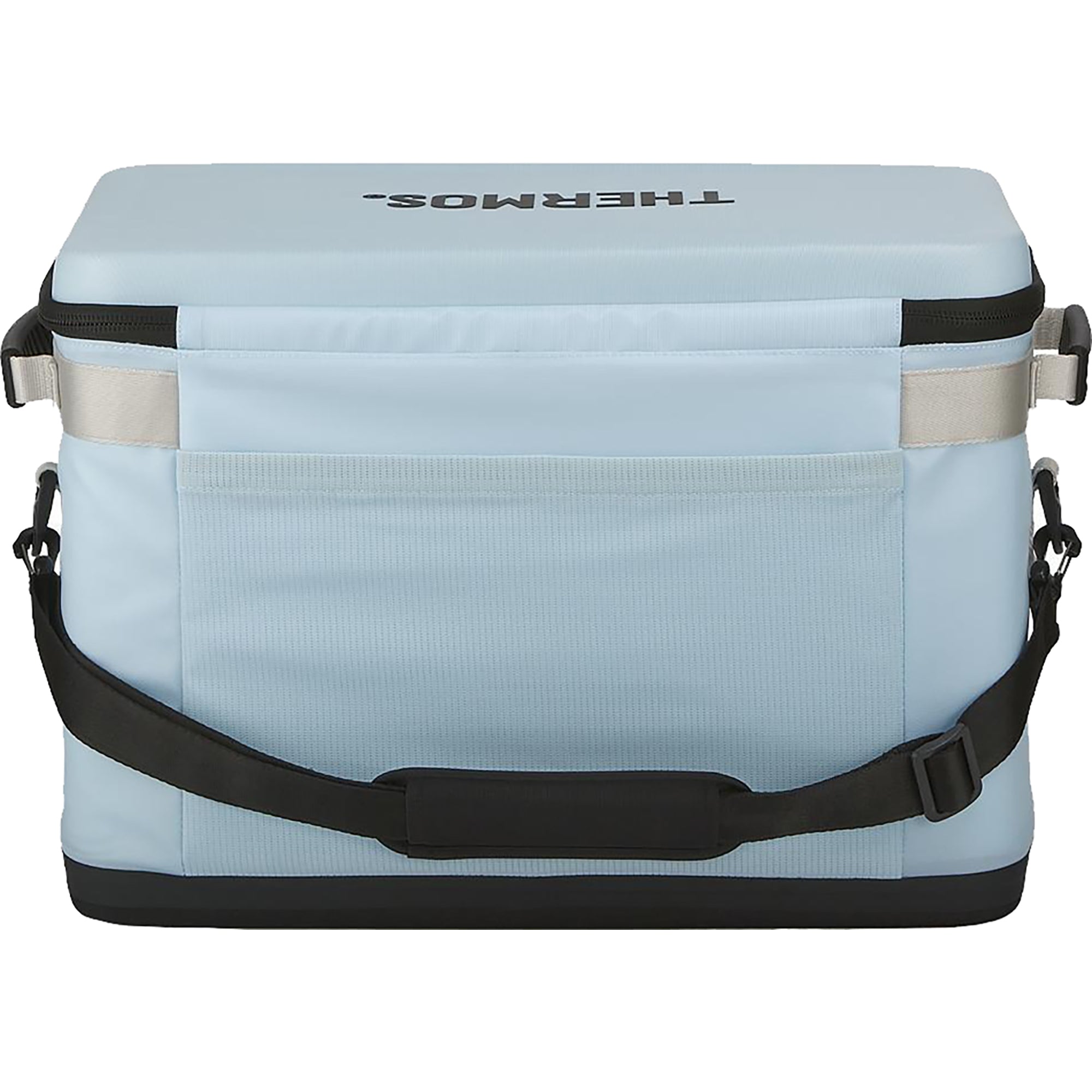 Light blue cooler bag with black straps on a white background