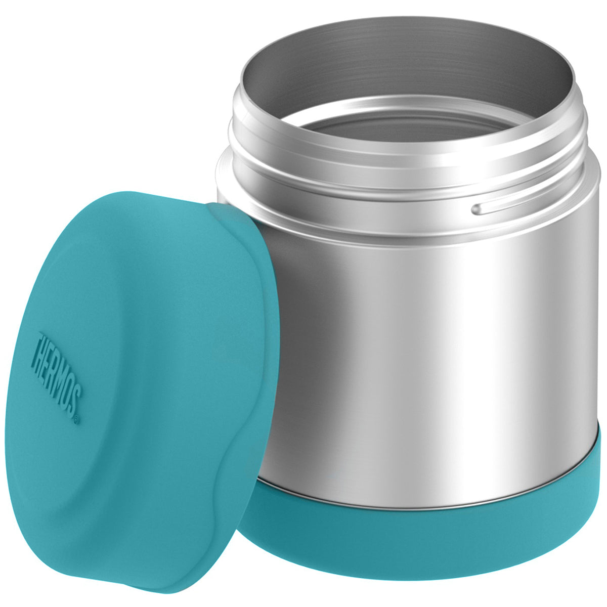 Stainless steel thermos with turquoise silicone lid and base on a white background