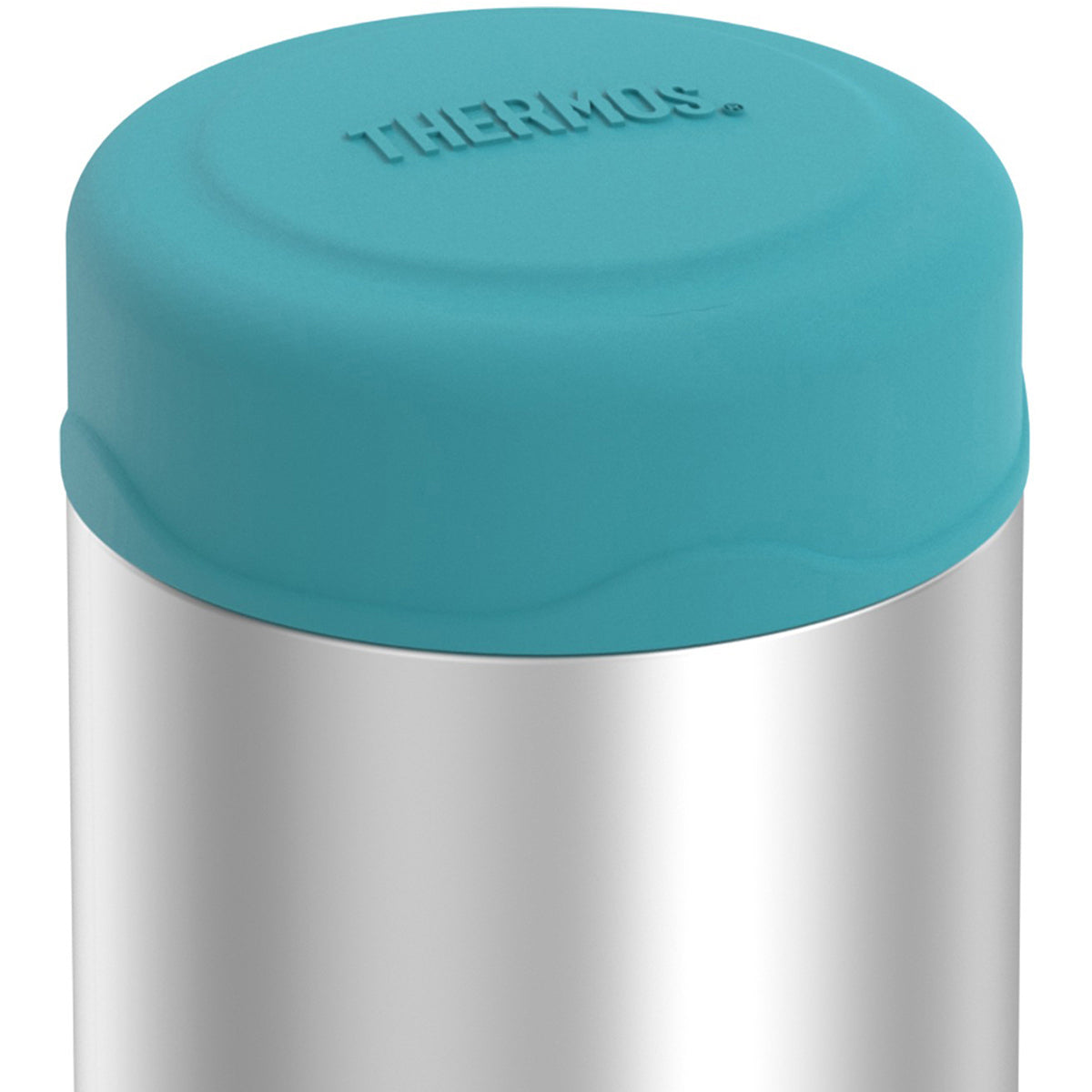 Thermos flask with teal lid on a white background