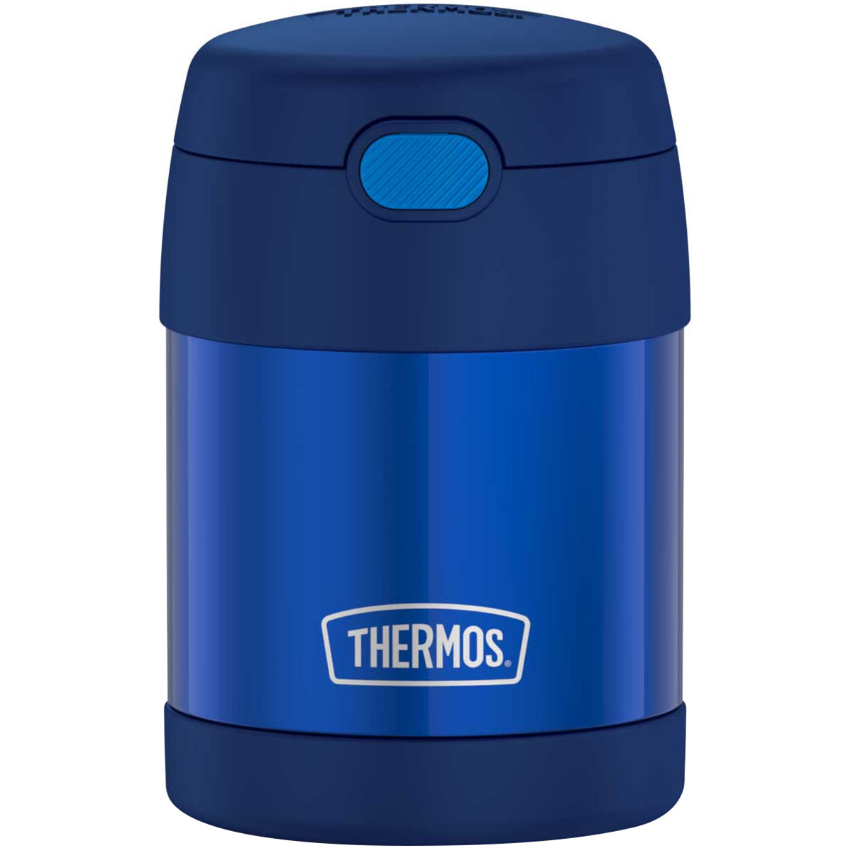 Blue thermos with Thermos logo on a white background