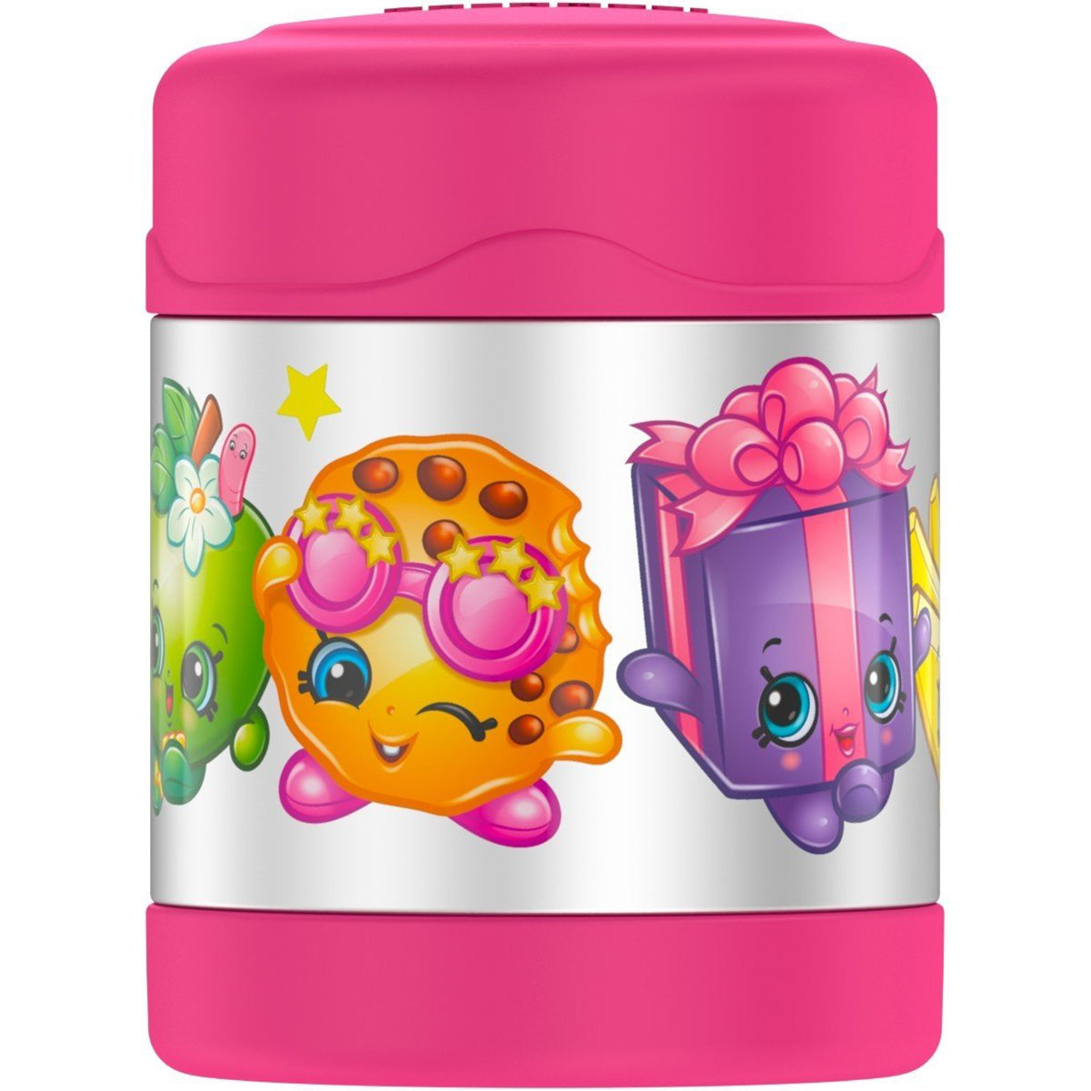 Thermos food jar with colorful character design on a white background